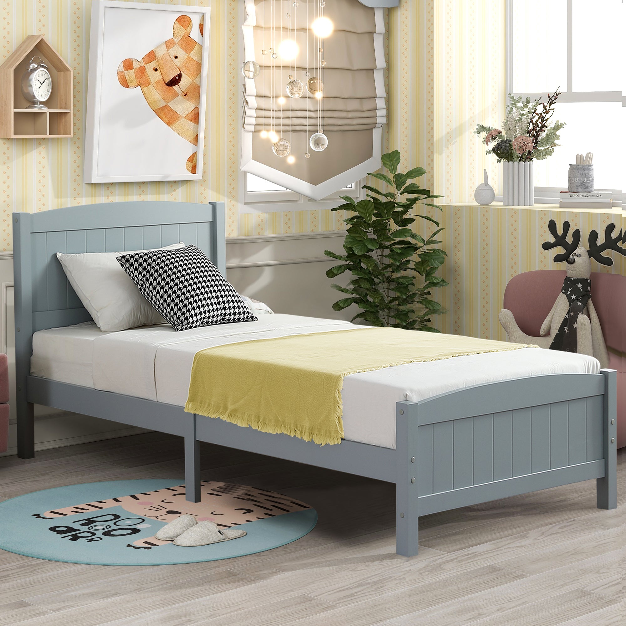 PAPROOS Wooden Twin Platform Bed Frame with Headboard and Footboard