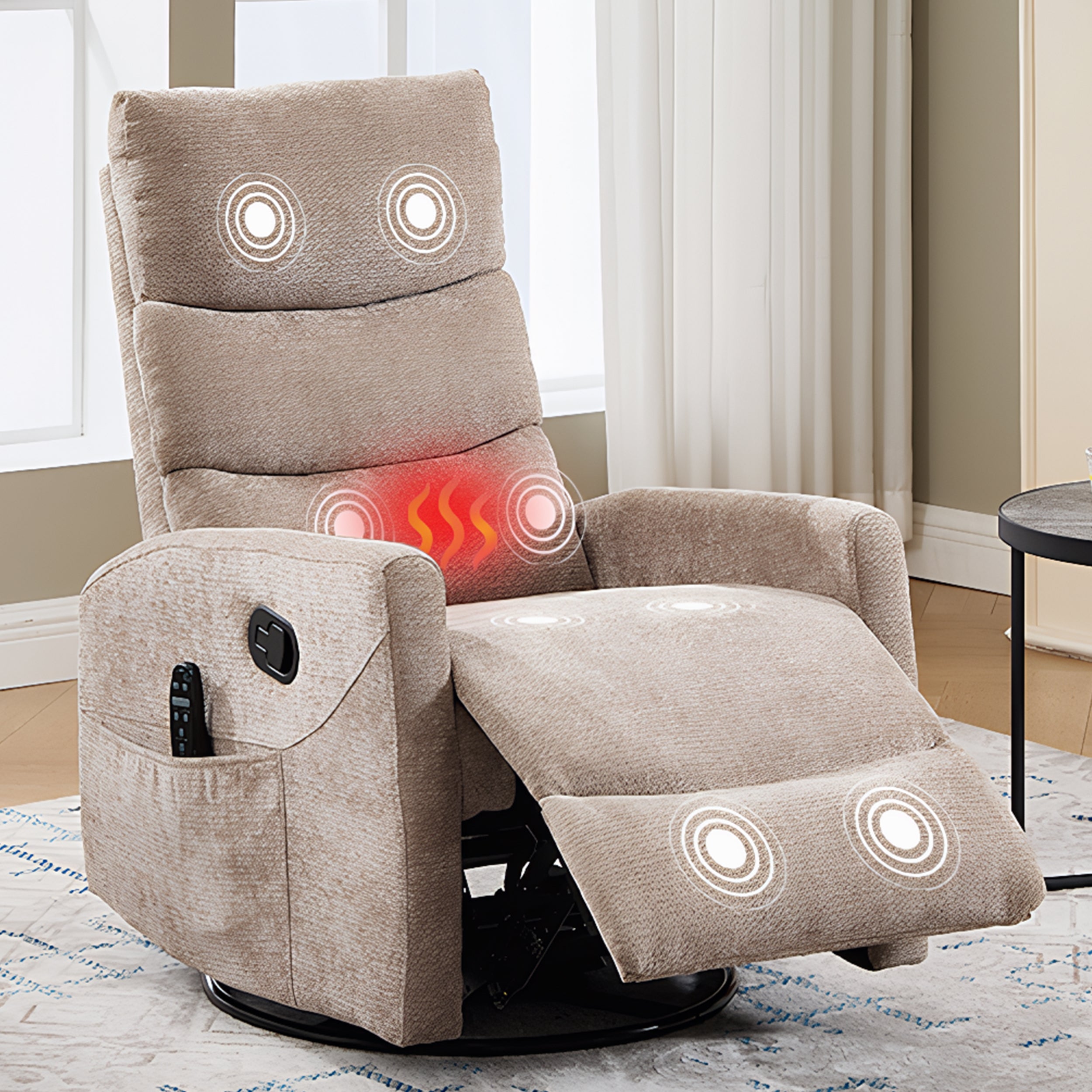 PAPROOS Heat Massage Recliner Chair, 360°Swivel Rocker Recliner Chair, Home Theater Recliner with 2 Side Pockets, Push Back Recliner, Nursery Chair for Bedroom, Living Room