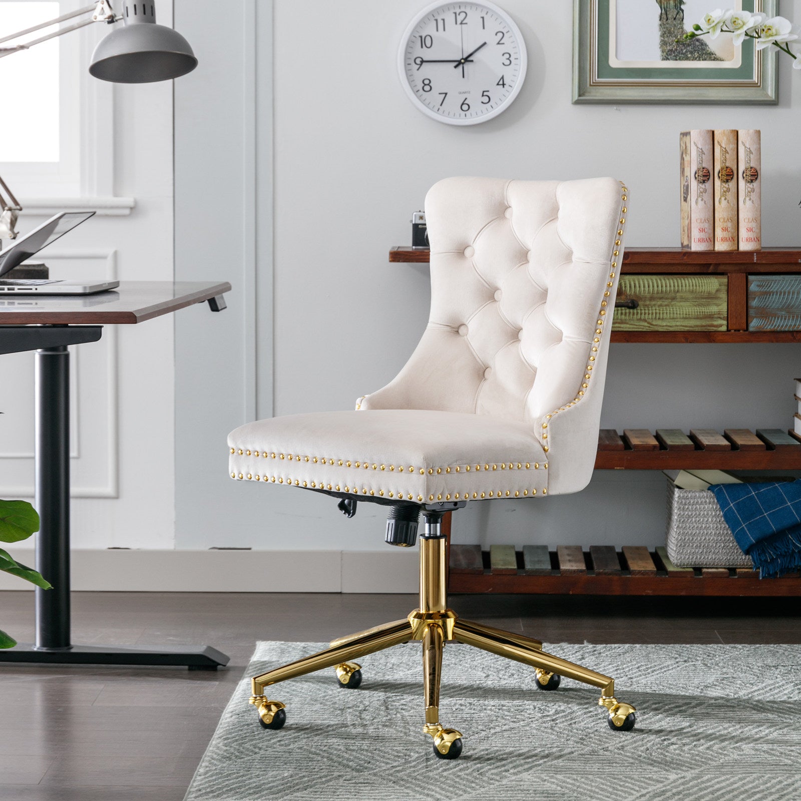 PAPROOS Vanity Chair, Swivel Home Office Chair, Ergonomic Home Desk Chair with Golden Metal Base, Adjustable Height, Velvet Upholstered Tufted Button Task Chair, Beige