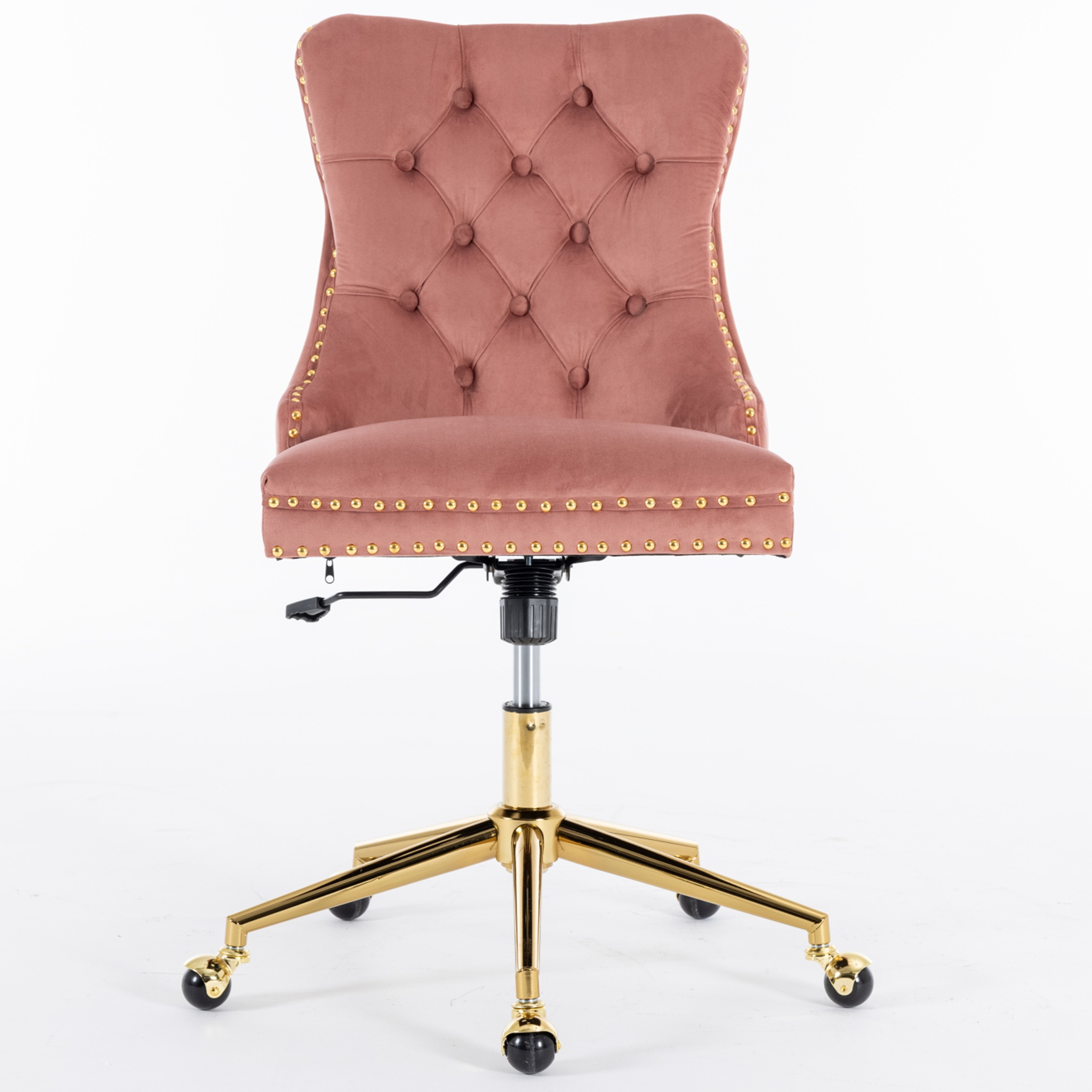 PAPROOS Vanity Chair, Swivel Home Office Chair, Ergonomic Home Desk Chair with Golden Metal Base, Adjustable Height, Velvet Upholstered Tufted Button Task Chair, Beige