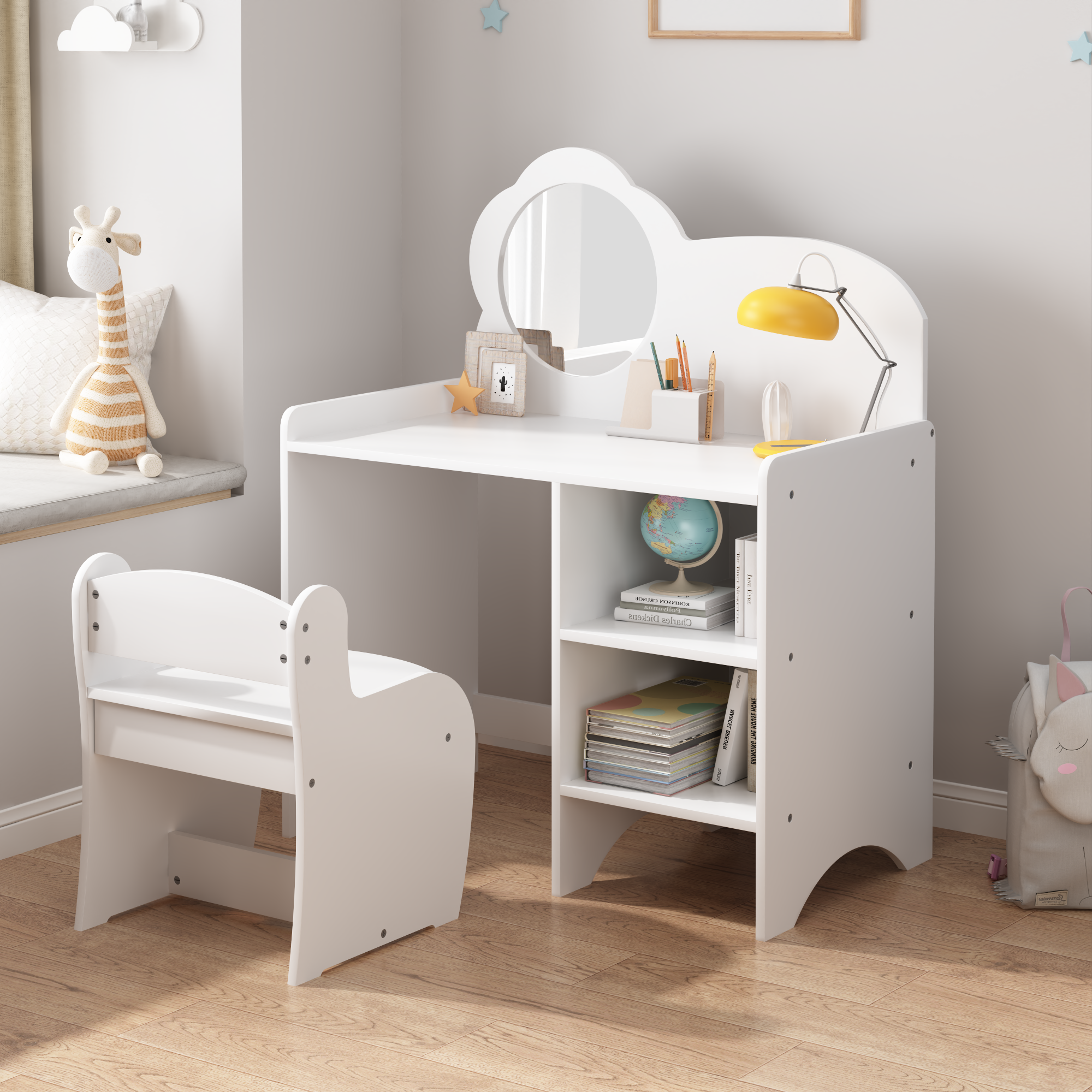 Paproos Kids Vanity Set with Mirror and Stool, Wood Princess Makeup Desk Set with 2 Open Storage Shelves, Toddler Dressing Table, Pretend Play Kids Vanity Table Set for Little Girls 3+, White