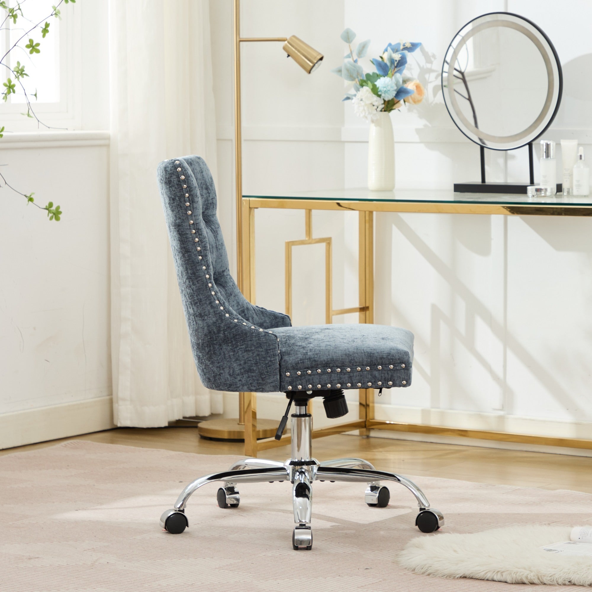 PAPROOS Vanity Chair, Swivel Home Office Chair, Ergonomic Home Desk Chair with Silver Metal Base, Adjustable Height, Chenille Upholstered Tufted Button Task Chair, Green