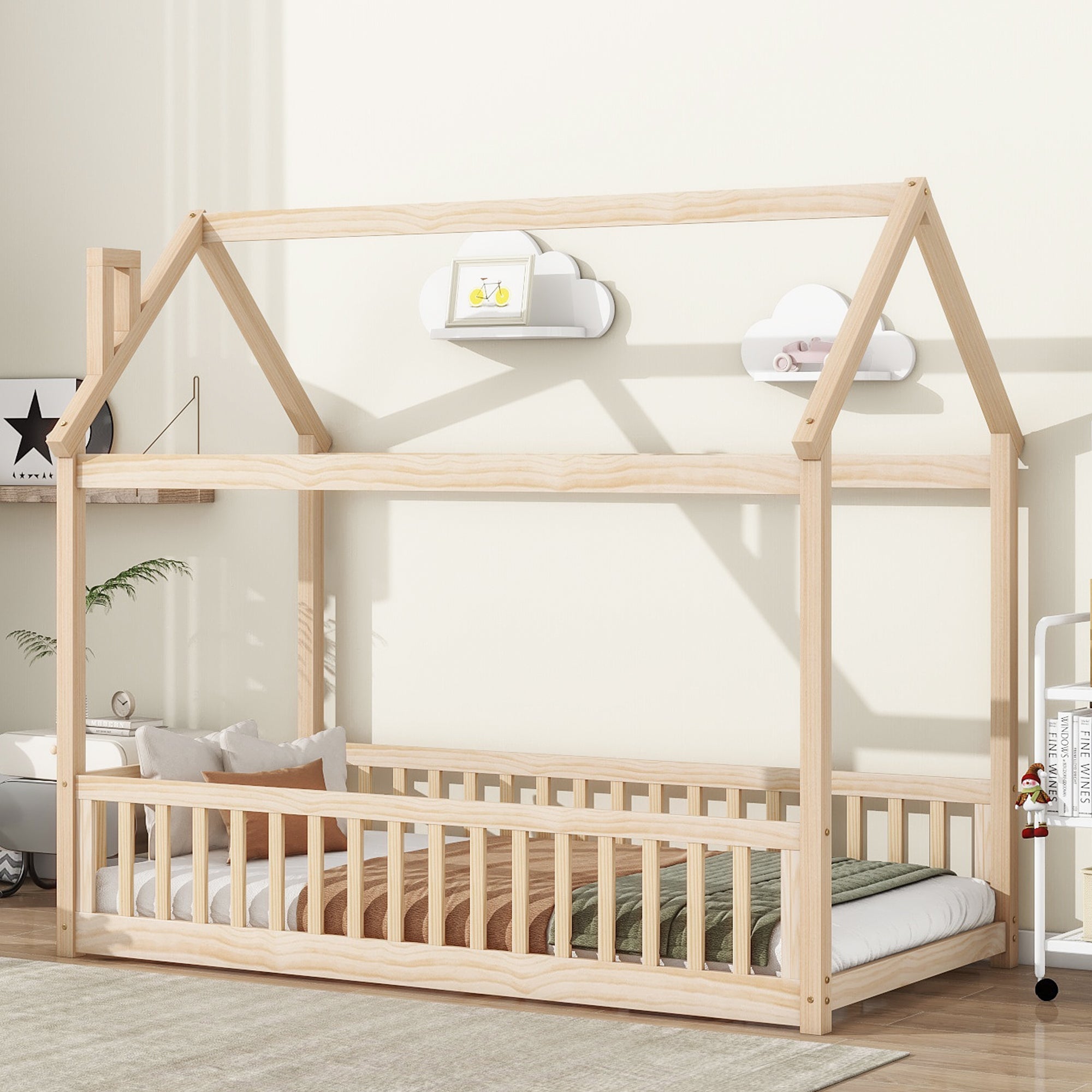 PAPROOS Twin Size House Floor Bed for Kids