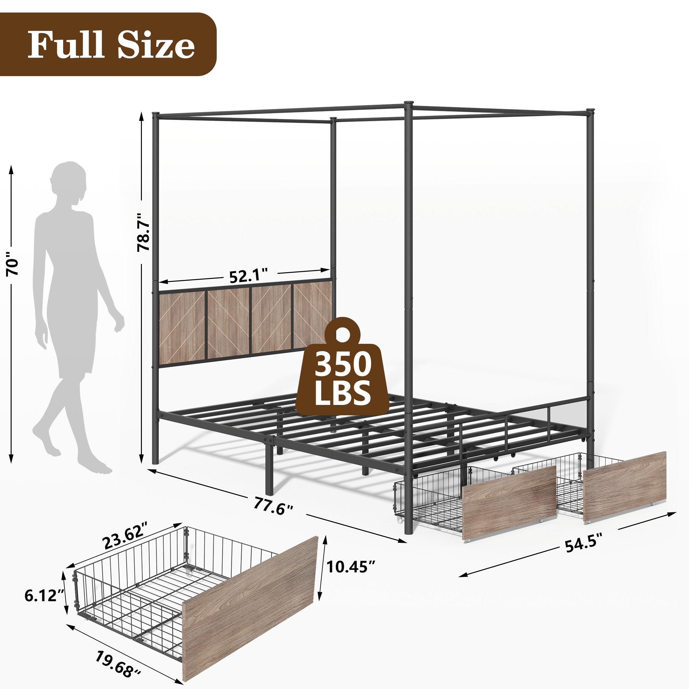PAPROOS Full Size Canopy Bed Frame, Upholstered Bed Frame with Metal Slats, Metal Platform Bed with 2 Storage Drawers, No Box Spring Needed