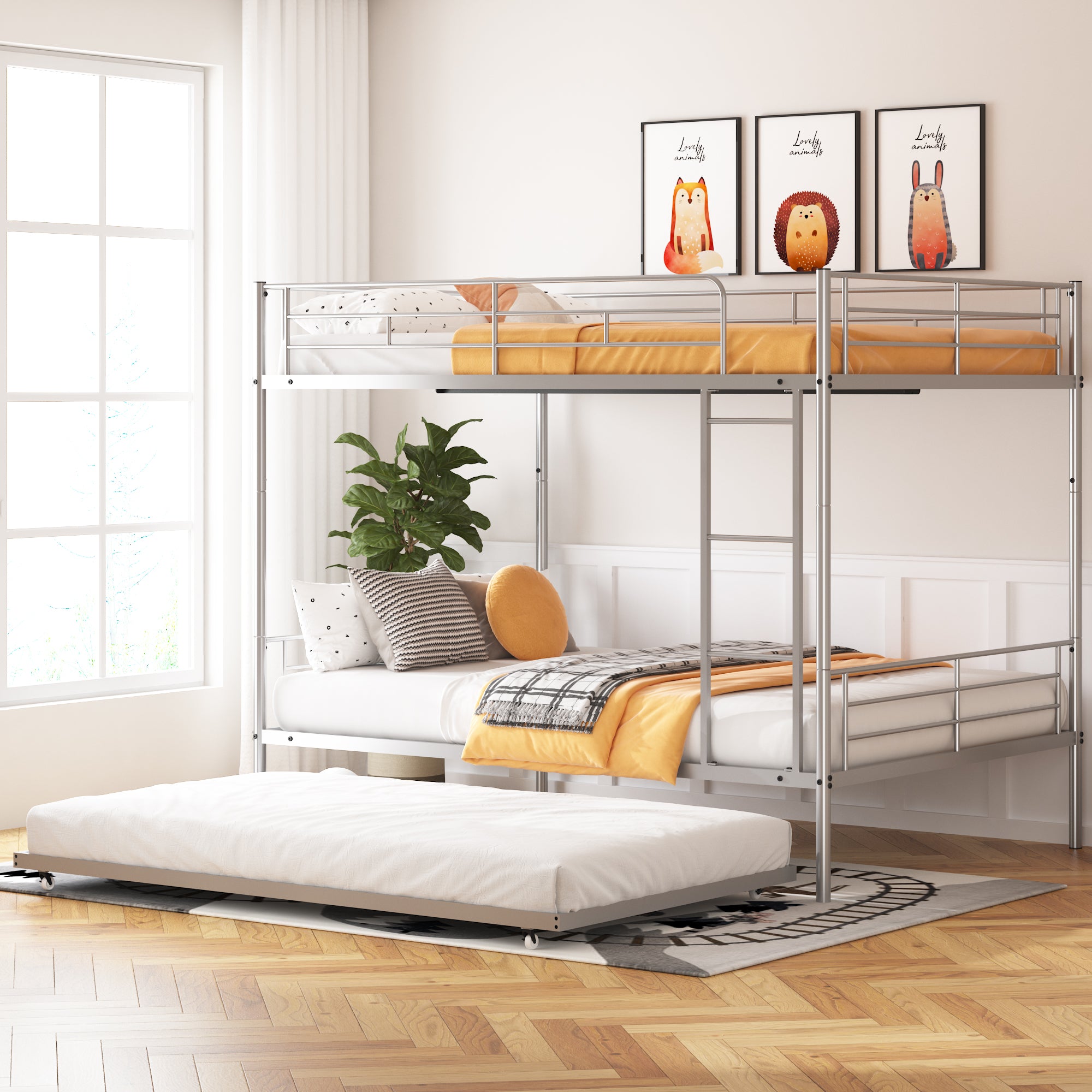 Full over Full Metal Bunk Bed for Kids, Metal Bunk Bed with Trundle Bed Full Over Full Size, Convertible Kids Bunk Beds for Boys Girls, No Box Spring Needed, Black