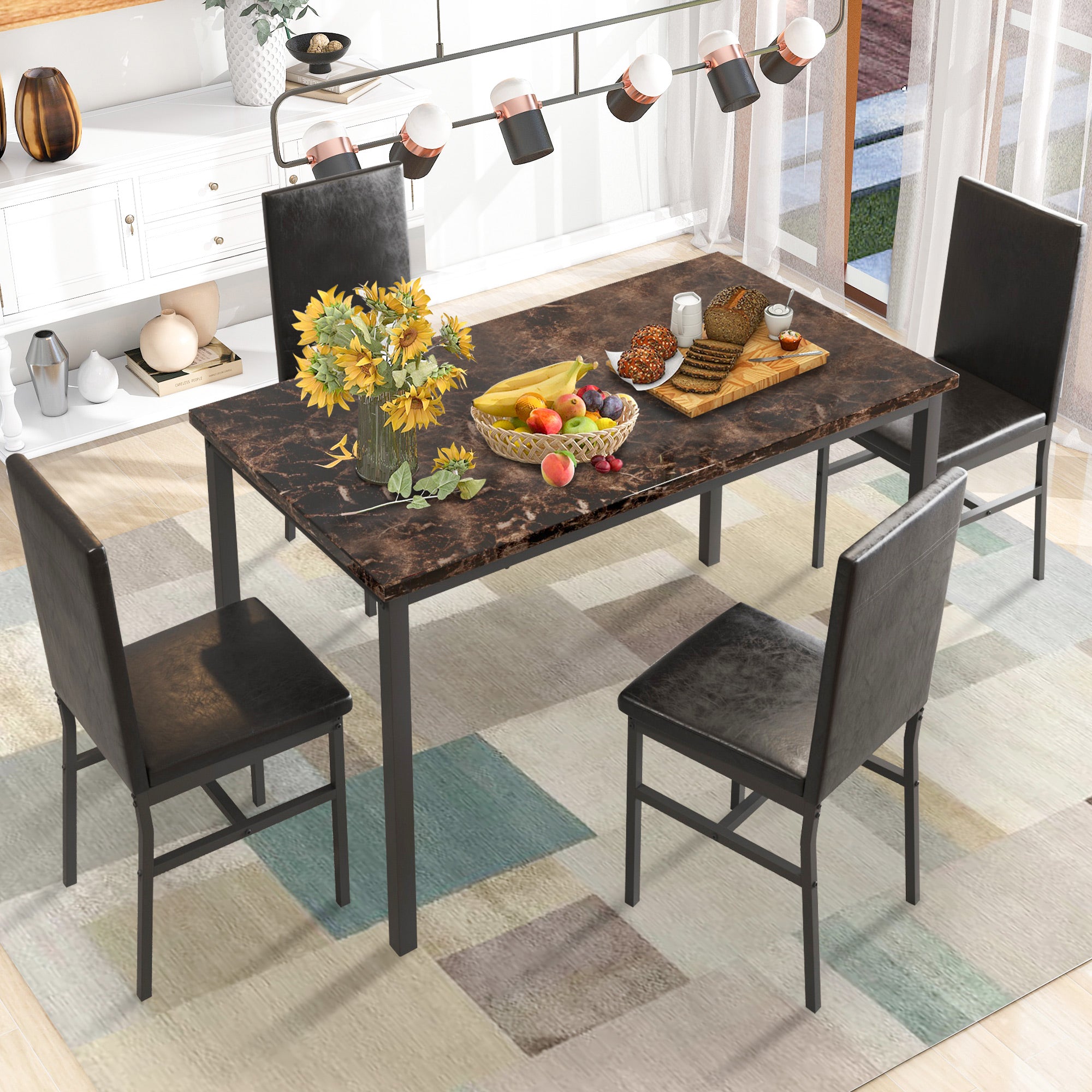 PAPROOS Dining Table Set for 4, Modern 5-Piece Kitchen Table Set with Marble Top and Faux Leather Upholstery Chairs