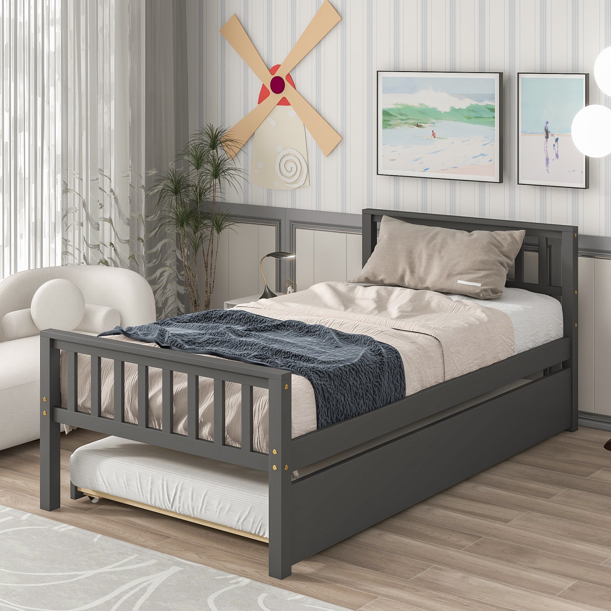 Paproos Twin Size Wood Platform Bed with Trundle, LJC