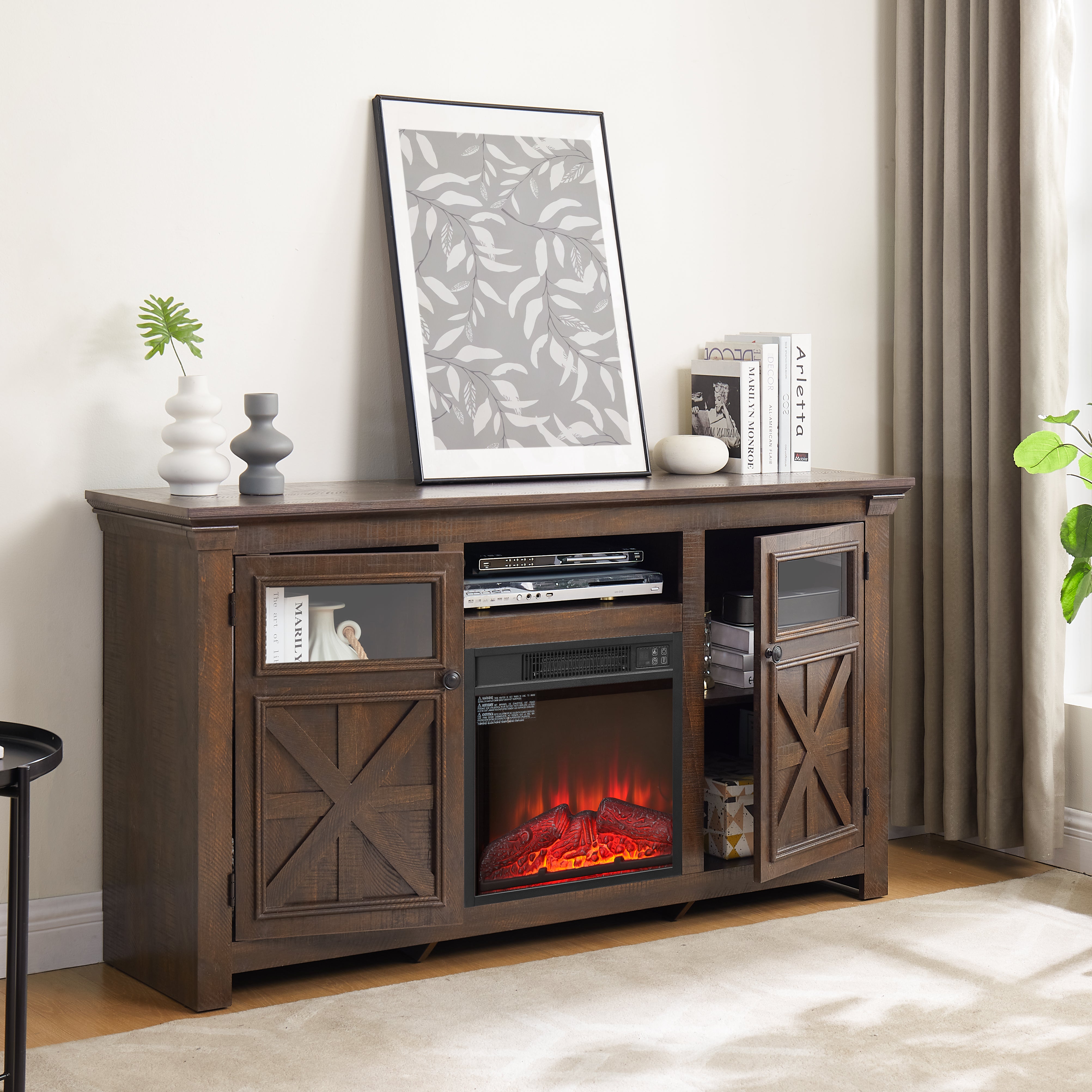 Fireplace TV Stand for 65 Inch TV, 1400w Farmhouse Electric TV Stand with Fireplace, Fireplace Entertainment Center with Remote Control for Living Room, Brown