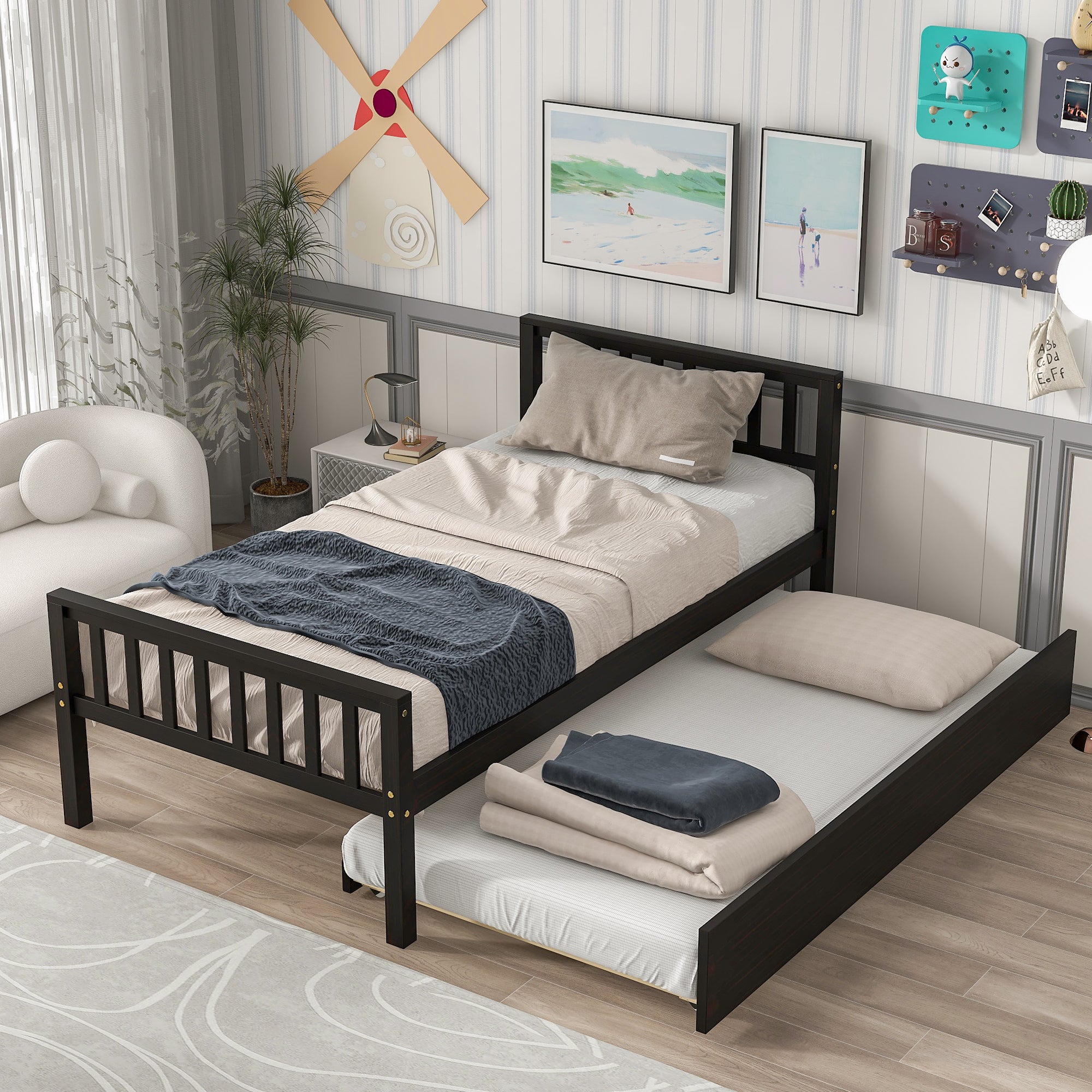 Paproos Twin Size Wood Platform Bed with Trundle, LJC