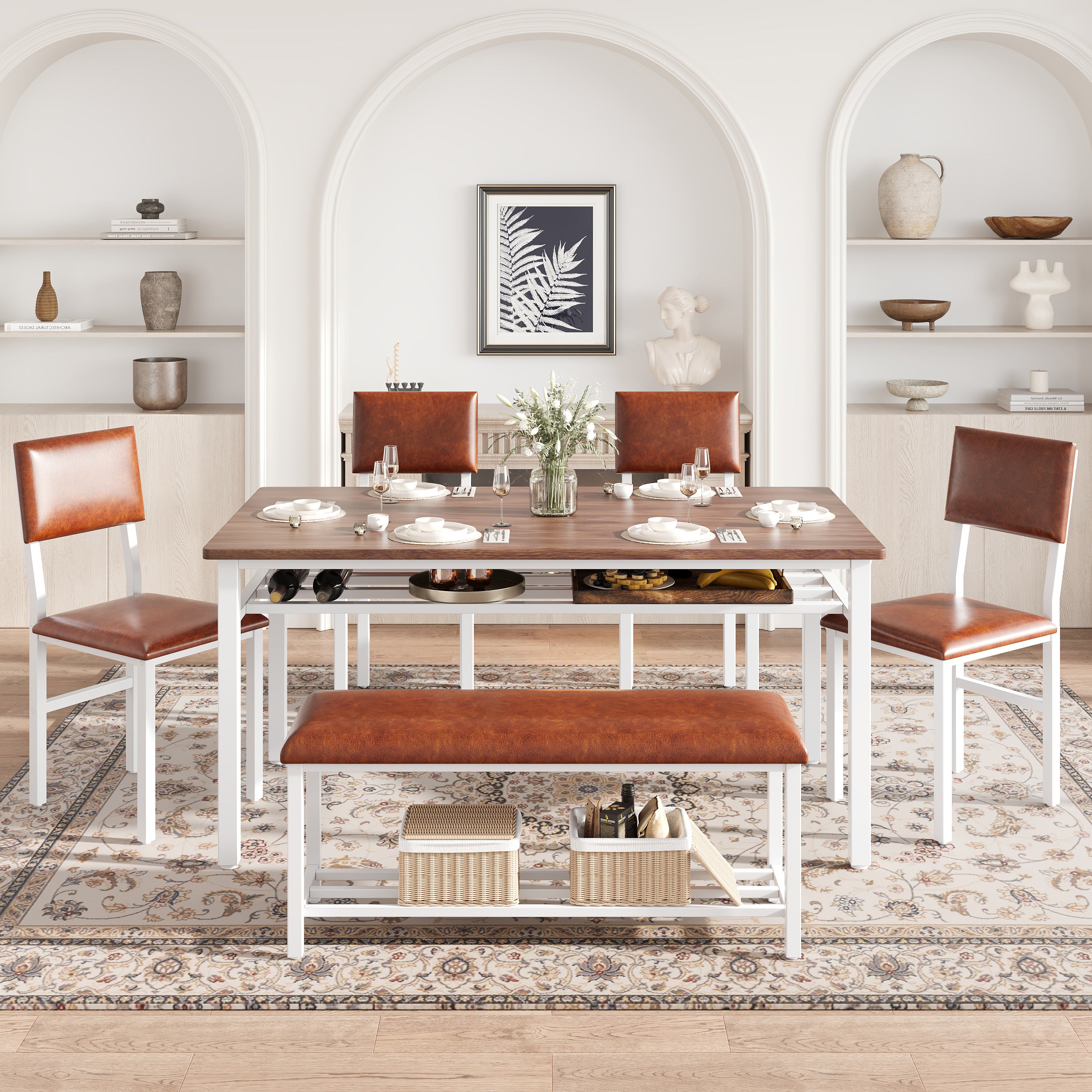 PAPROOS Dining Table Set for 6, 6 Piece Dining Room Set with Wooden Table Top, PU Leather Upholstery Chairs and Bench, Modern Dinette Sets for Big Family, Kitchen Table and Chairs Set, Rustic Brown