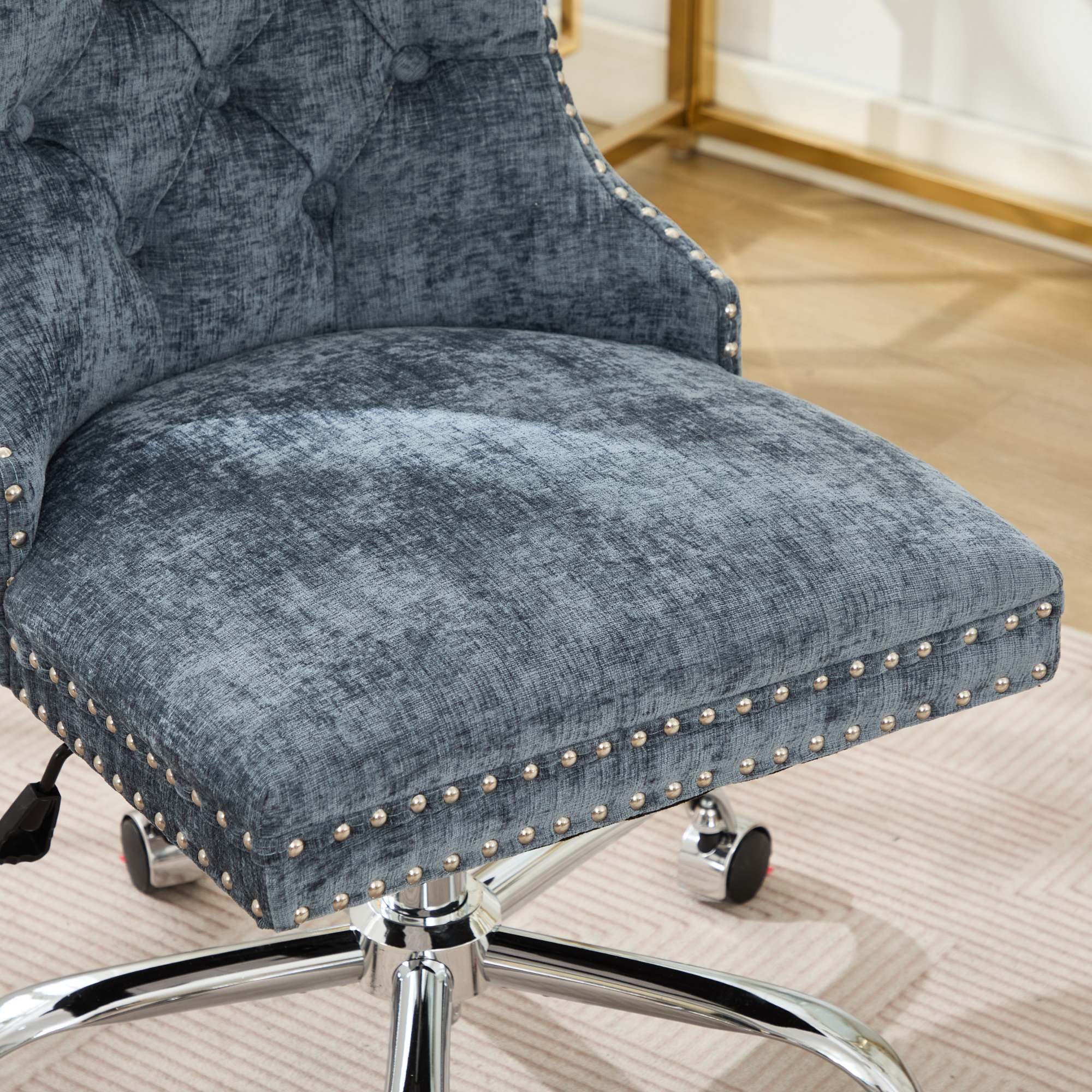 PAPROOS Vanity Chair, Swivel Home Office Chair, Ergonomic Home Desk Chair with Silver Metal Base, Adjustable Height, Chenille Upholstered Tufted Button Task Chair, Green