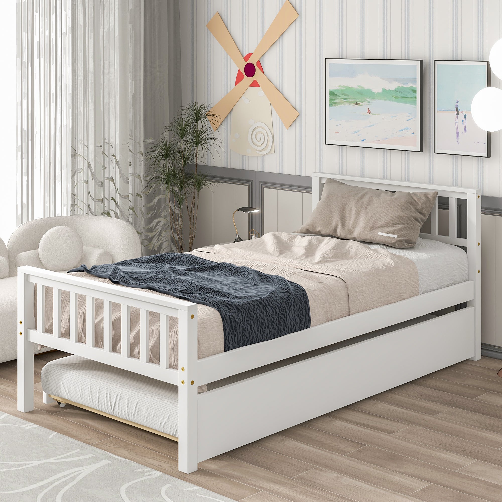 Paproos Twin Size Wood Platform Bed with Trundle, LJC