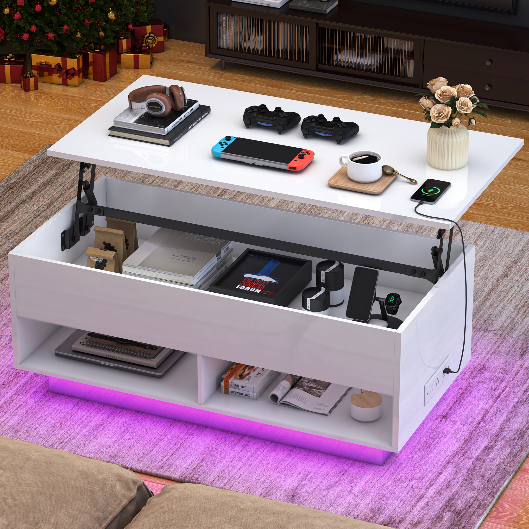 PAPROOS Lift Top Coffee Table for Living Room, Modern Coffee Table with APP Control LED Light and Charging Station, High Gloss Coffee Table with Hidden Storage and Storage Shelves, Black