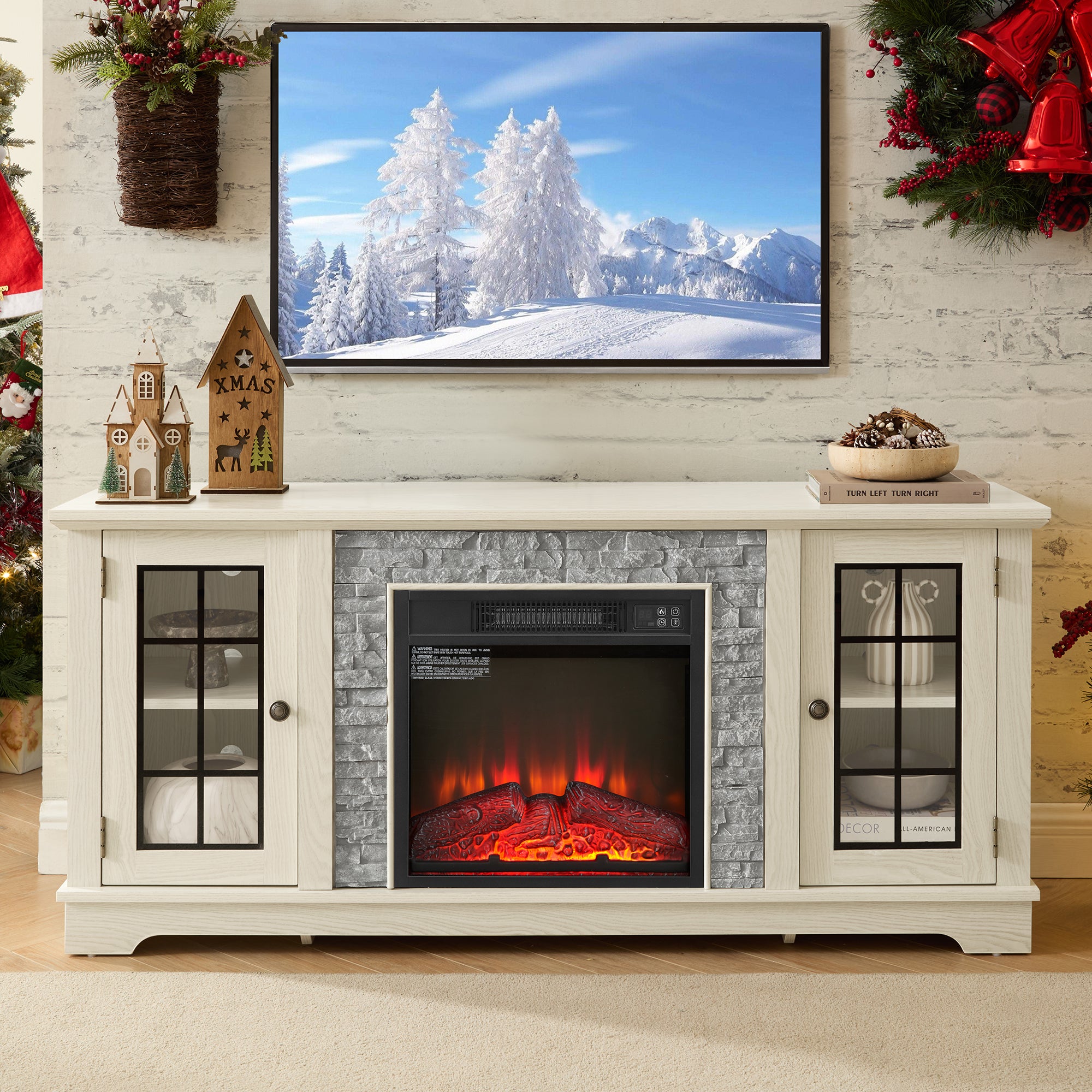 PAPROOS Farmhouse Fireplace TV Stand for TVs up to 65"