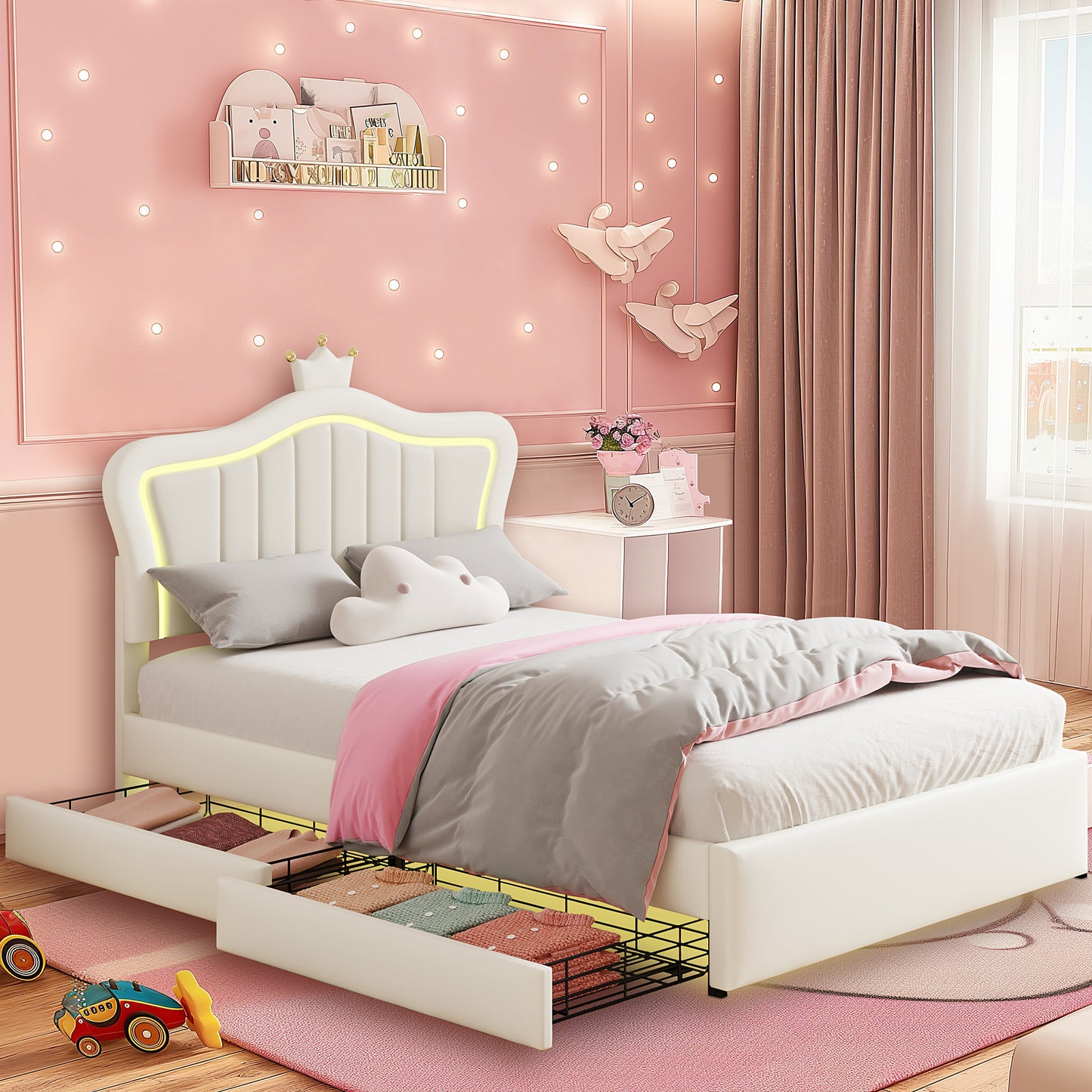 Twin Size Led Bed with Drawers, Upholstered Twin Bed Frame with Adjustable Headboard, Cute Pink Princess Bed with Crown Design for Girls, LED Twin Frame with Storage