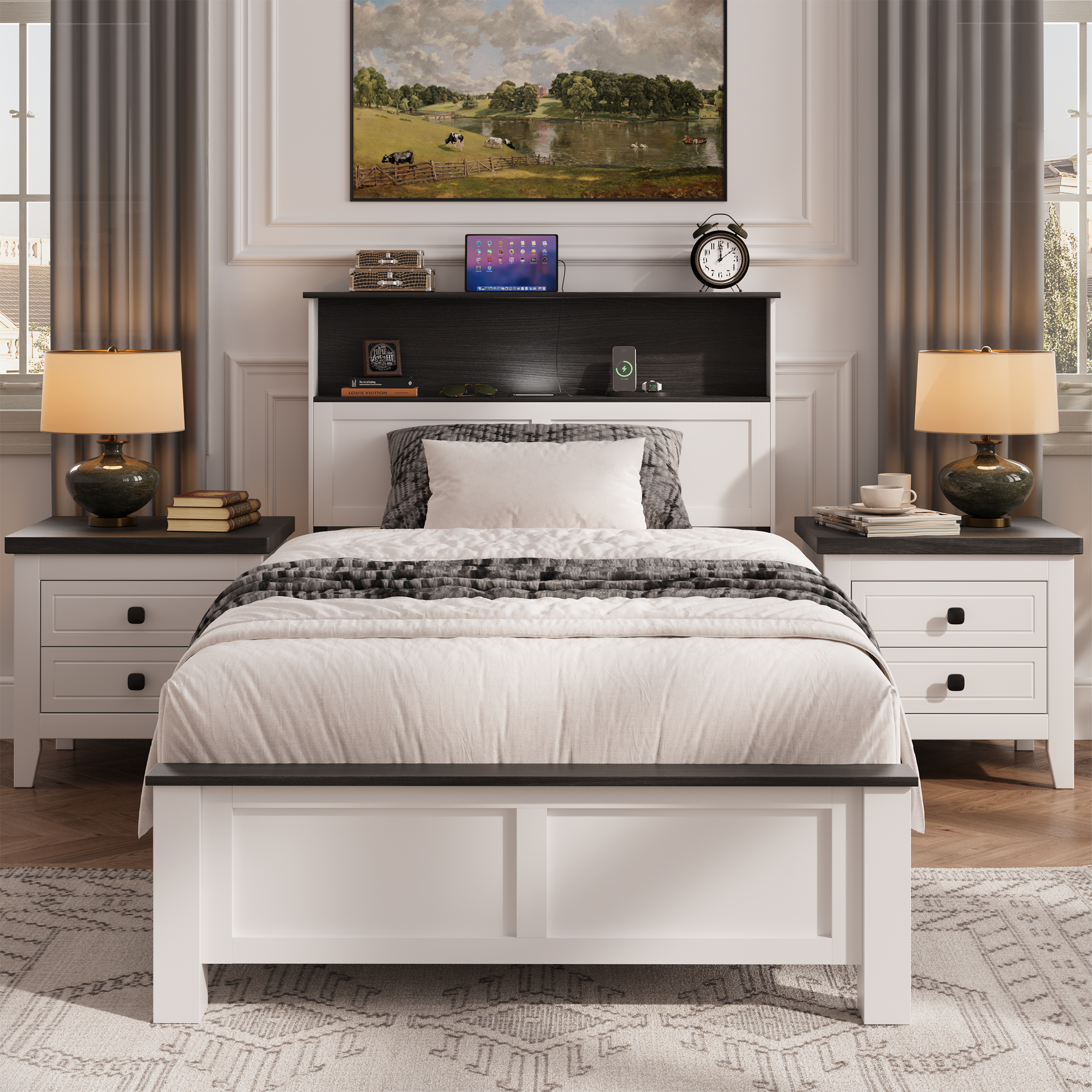 PAPROOS Wooden Twin Platform Bed Frame with Headboard and Footboard