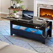 PAPROOS Lift Top Coffee Table for Living Room, Modern High Gloss Desktop Coffee Table with LED Light, Wood Coffee Table with Lifting Top and 2 Drawers, Hidden Storage, Black