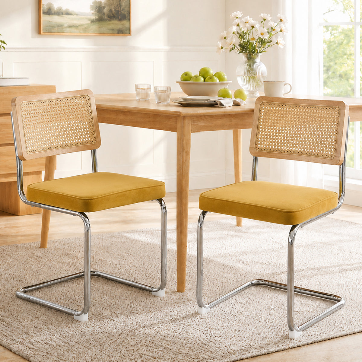 Dining Chairs Set of 2, Paproos Velvet Upholstered Dining Chairs, Mid Century Accent Chair Side Chair with Cane Back and Stainless Steel Chrome Legs, Dining Kitchen Living Room