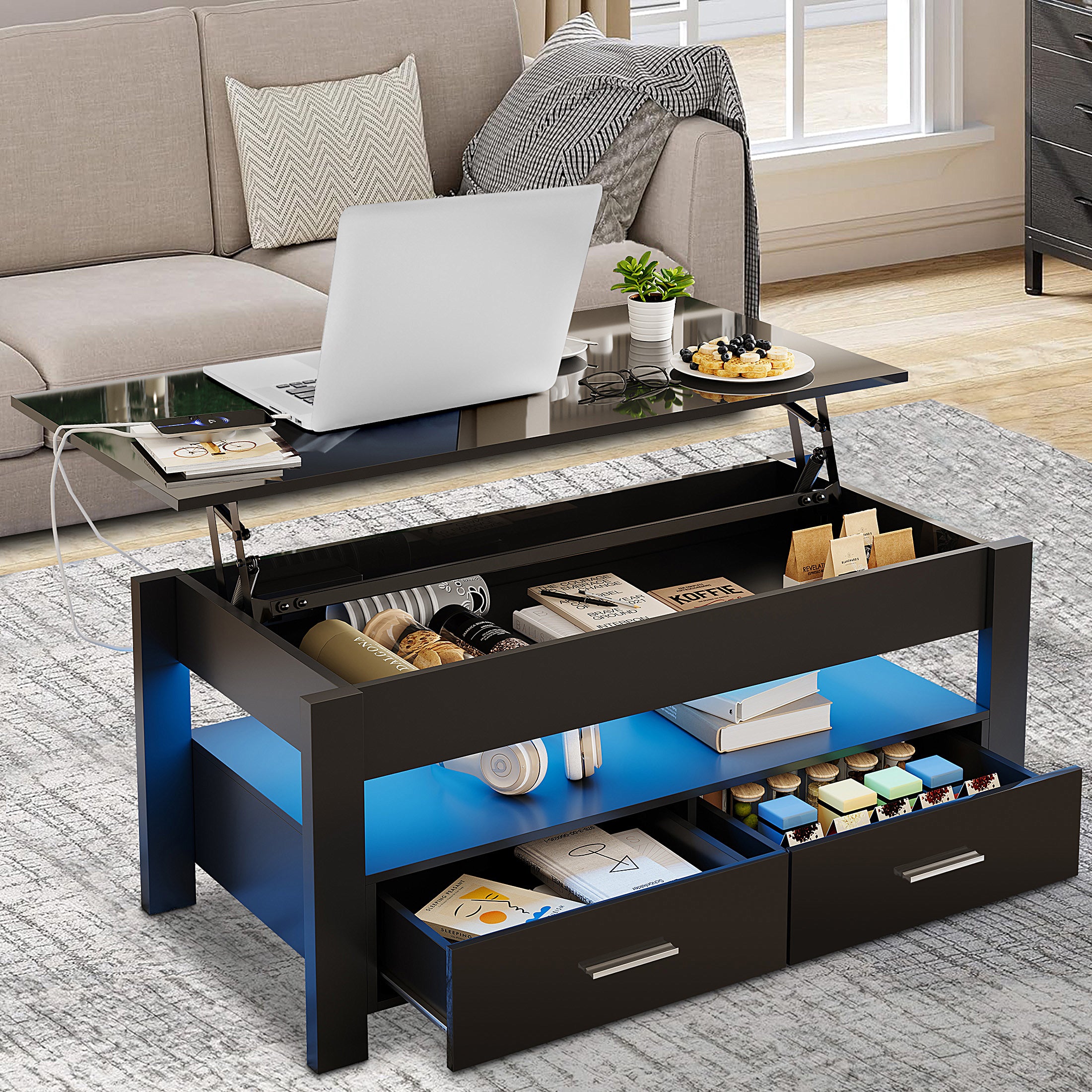 LED Lift Top Coffee Table for Living Room, PAPROOS Modern High Glossy Center Table with 2 Drawers, Sofa Side Tea Tables with LED Lights, Charging Station, USB Port, White