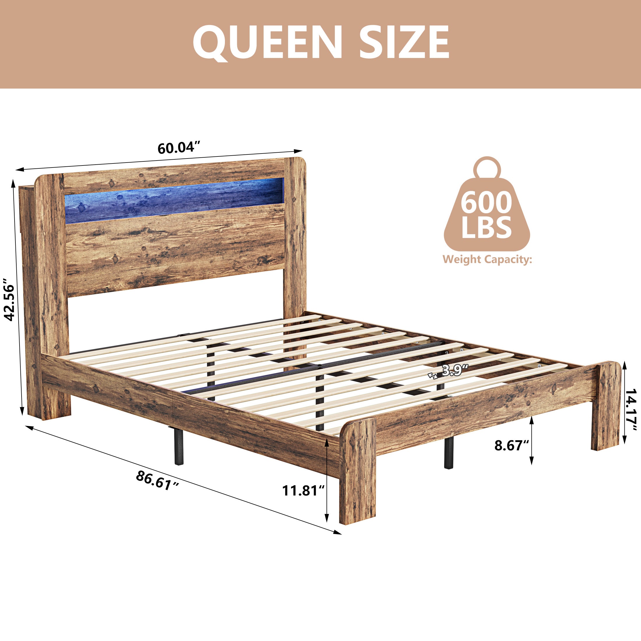 PAPROOS Queen Size Bed Frame, Wood Platform Bed with Charging Station and LED Light