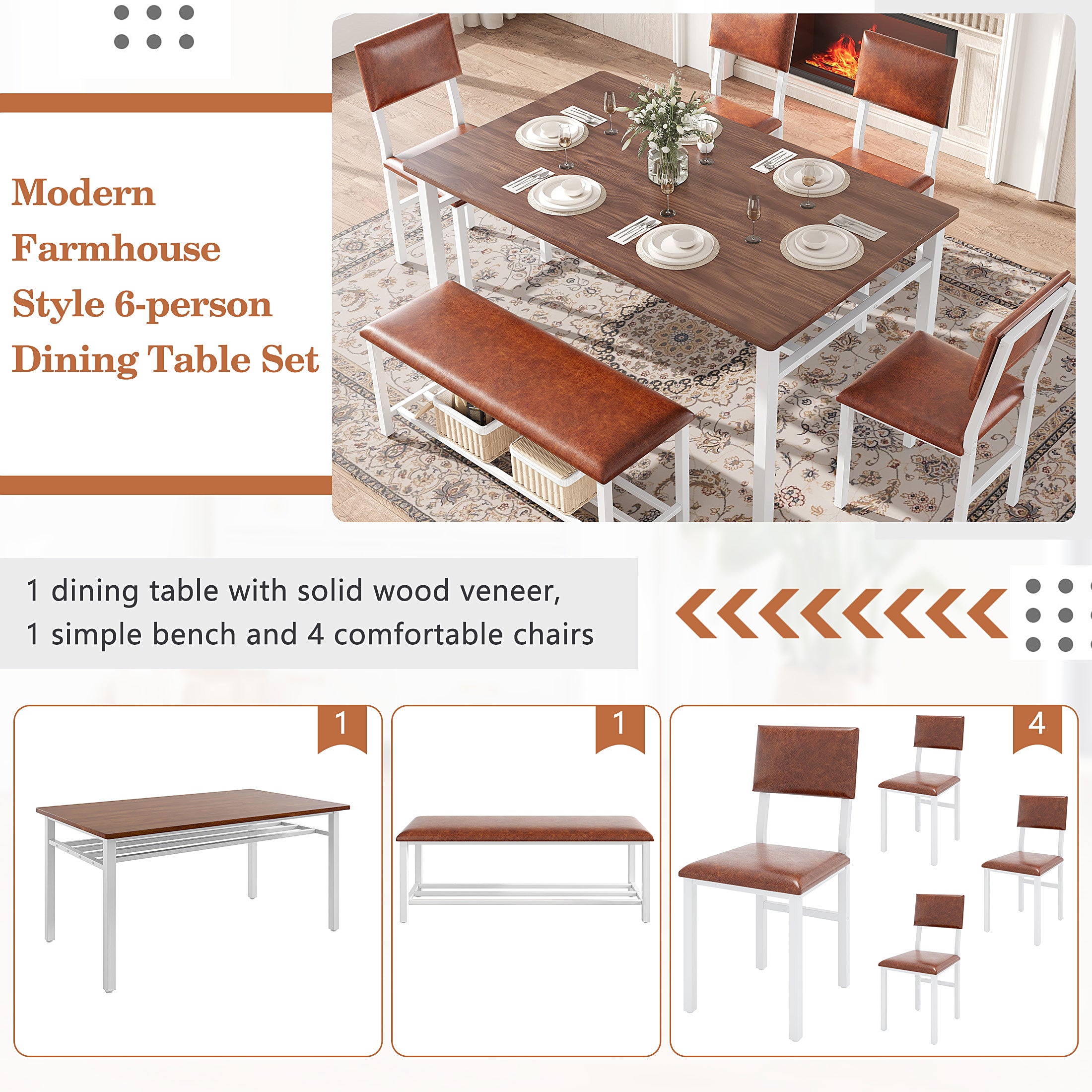 PAPROOS Dining Table Set for 6, 6 Piece Dining Room Set with Wooden Table Top, PU Leather Upholstery Chairs and Bench, Modern Dinette Sets for Big Family, Kitchen Table and Chairs Set, Rustic Brown