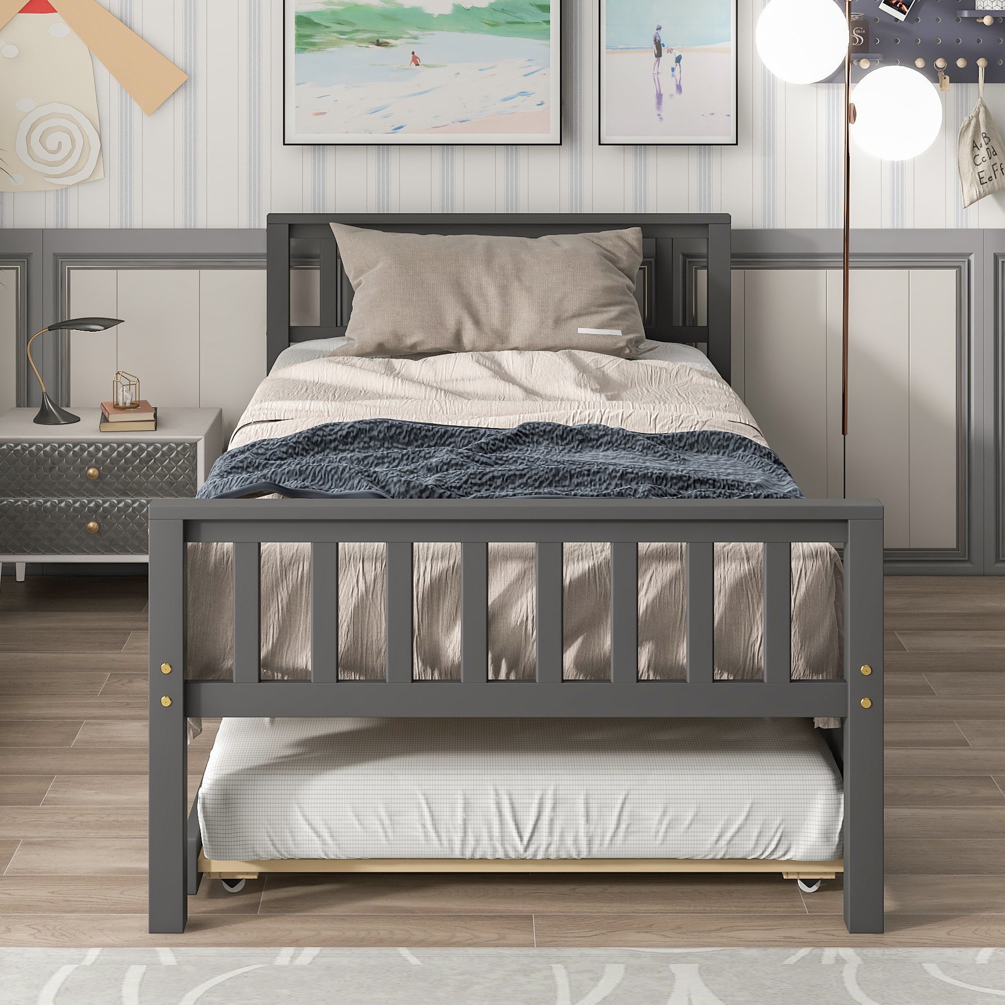 Paproos Twin Size Wood Platform Bed with Trundle, LJC