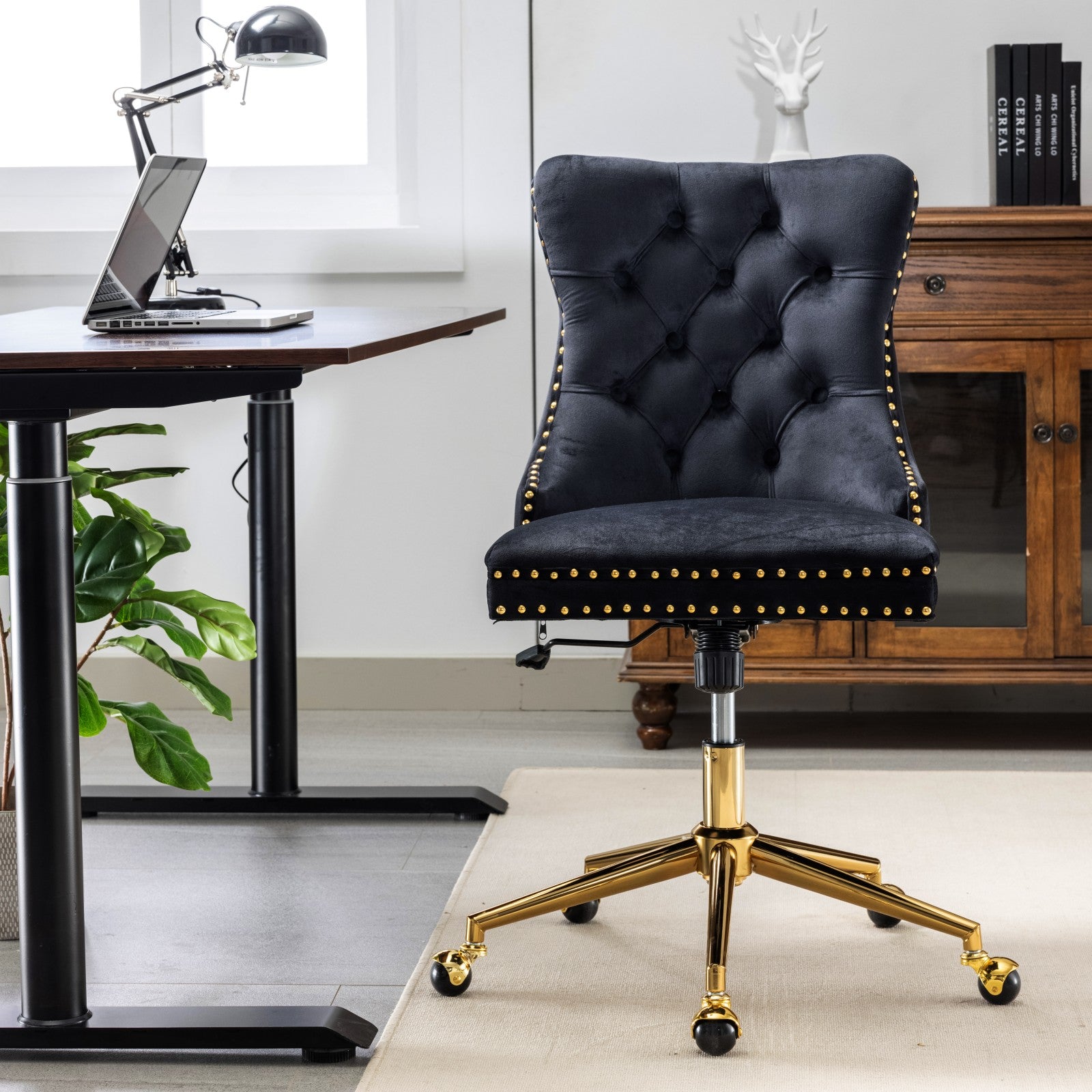 PAPROOS Vanity Chair, Swivel Home Office Chair, Ergonomic Home Desk Chair with Golden Metal Base, Adjustable Height, Velvet Upholstered Tufted Button Task Chair, Beige