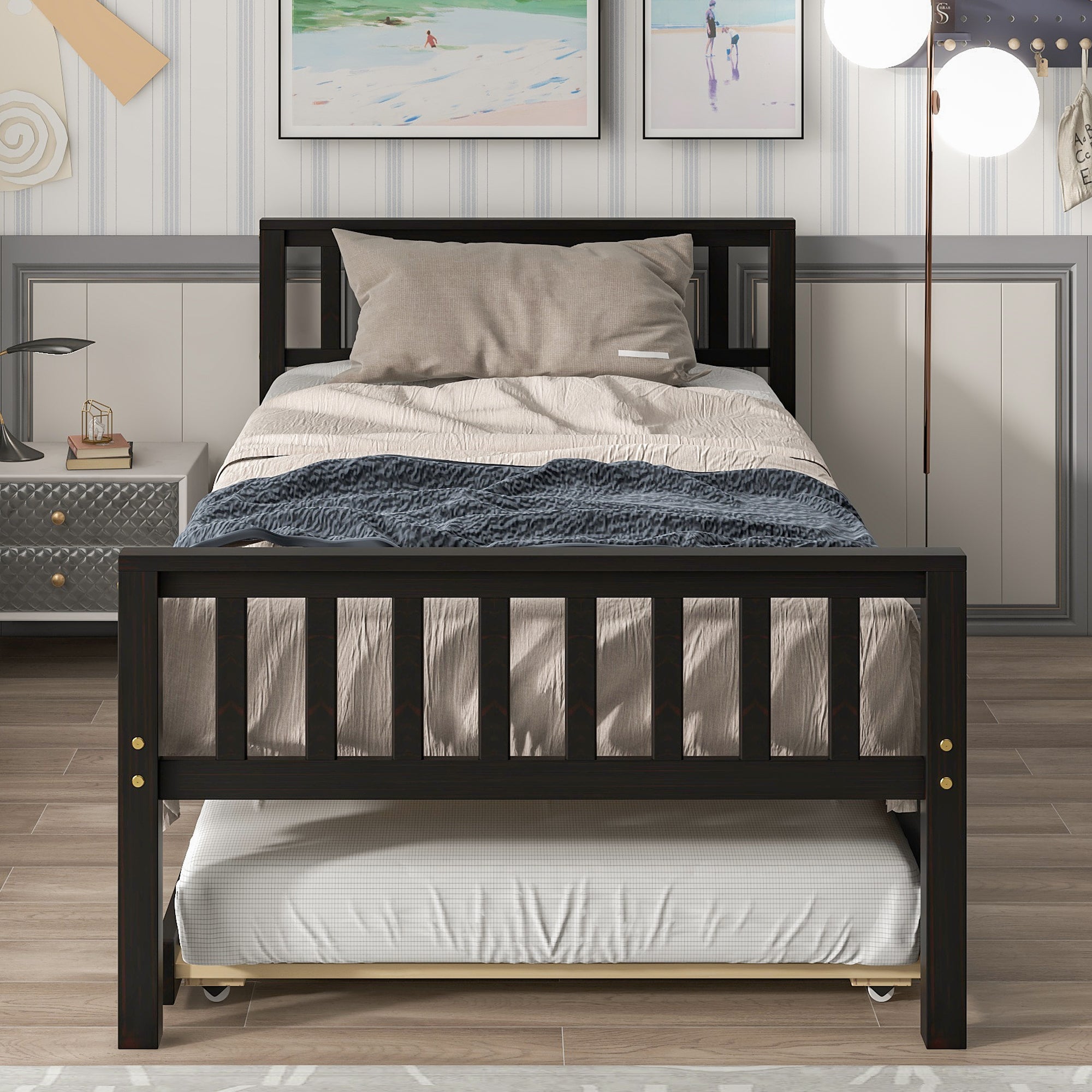 Paproos Twin Size Wood Platform Bed with Trundle, LJC