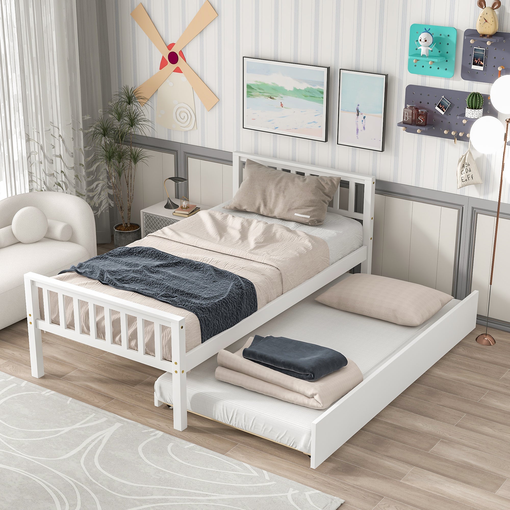Paproos Twin Size Wood Platform Bed with Trundle, LJC