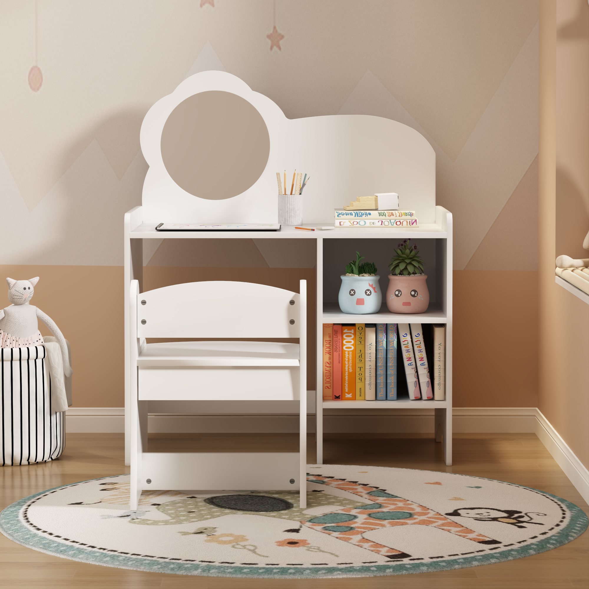 Paproos Kids Vanity Set with Mirror and Stool, Wood Princess Makeup Desk Set with 2 Open Storage Shelves, Toddler Dressing Table, Pretend Play Kids Vanity Table Set for Little Girls 3+, White