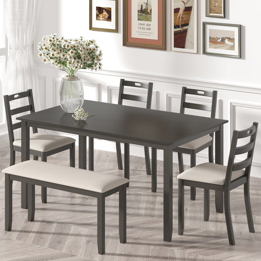 Dining Table Set for 6, Farmhouse 6 Piece Dining Room Set with Bench and Chair, Solid Wood Kitchen Dining Table and Bench Set of 6, Modern Kitchen Furniture Set for Home, Gray Frame&Beige Upholstered