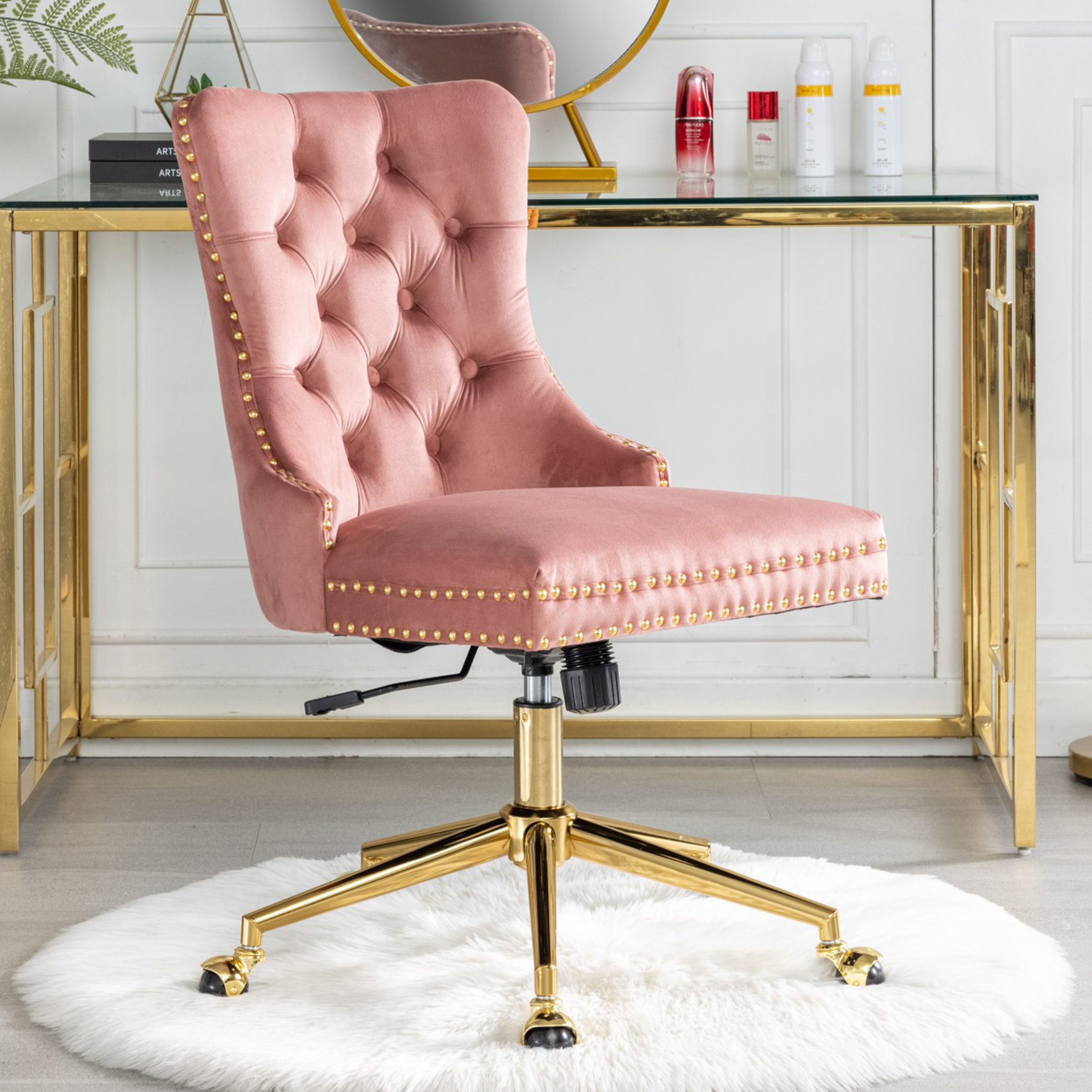 PAPROOS Vanity Chair, Swivel Home Office Chair, Ergonomic Home Desk Chair with Golden Metal Base, Adjustable Height, Velvet Upholstered Tufted Button Task Chair, Beige