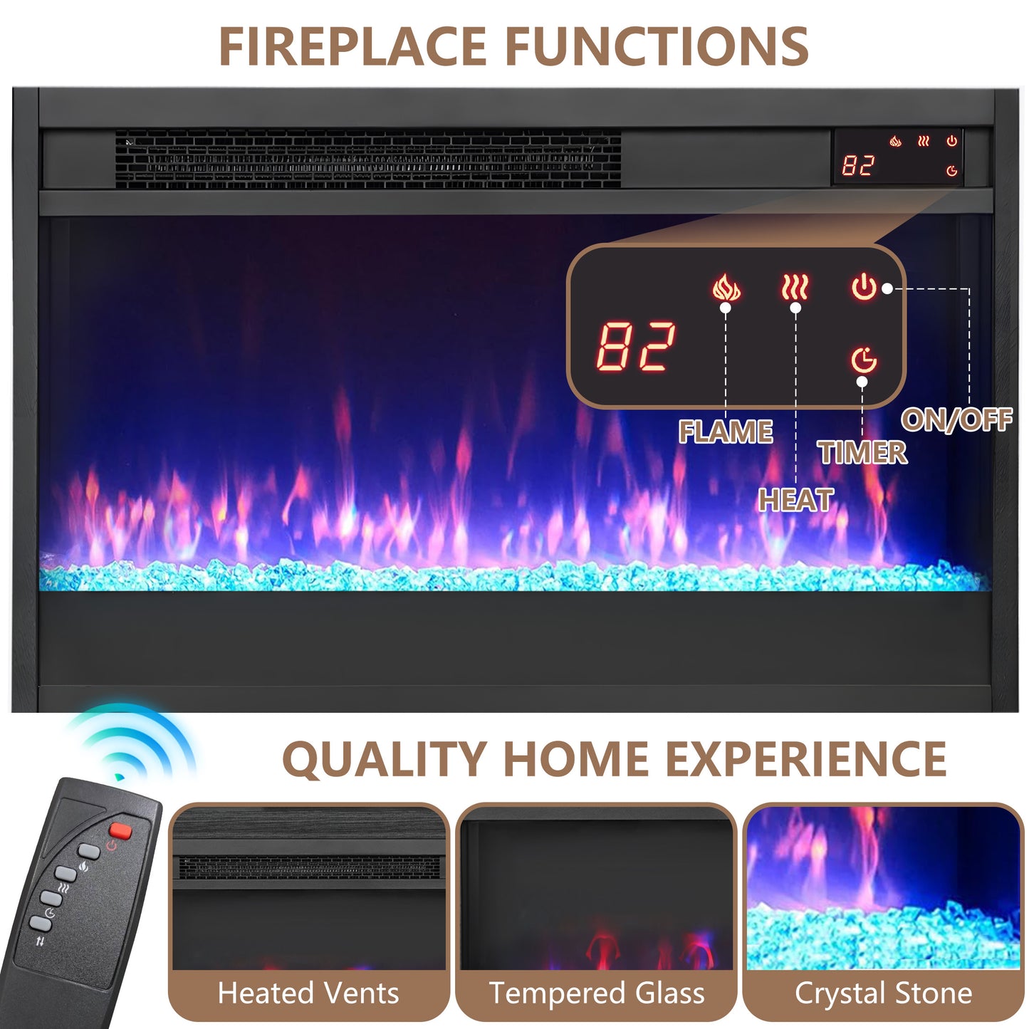SYNGAR Electric Fireplace TV Stand for 60" TV, Modern Entertainment Center With 23" Fireplace, TV Console with Storage Shelves and Glass Doors, Media Console, TV Cabinet, Dark Gray