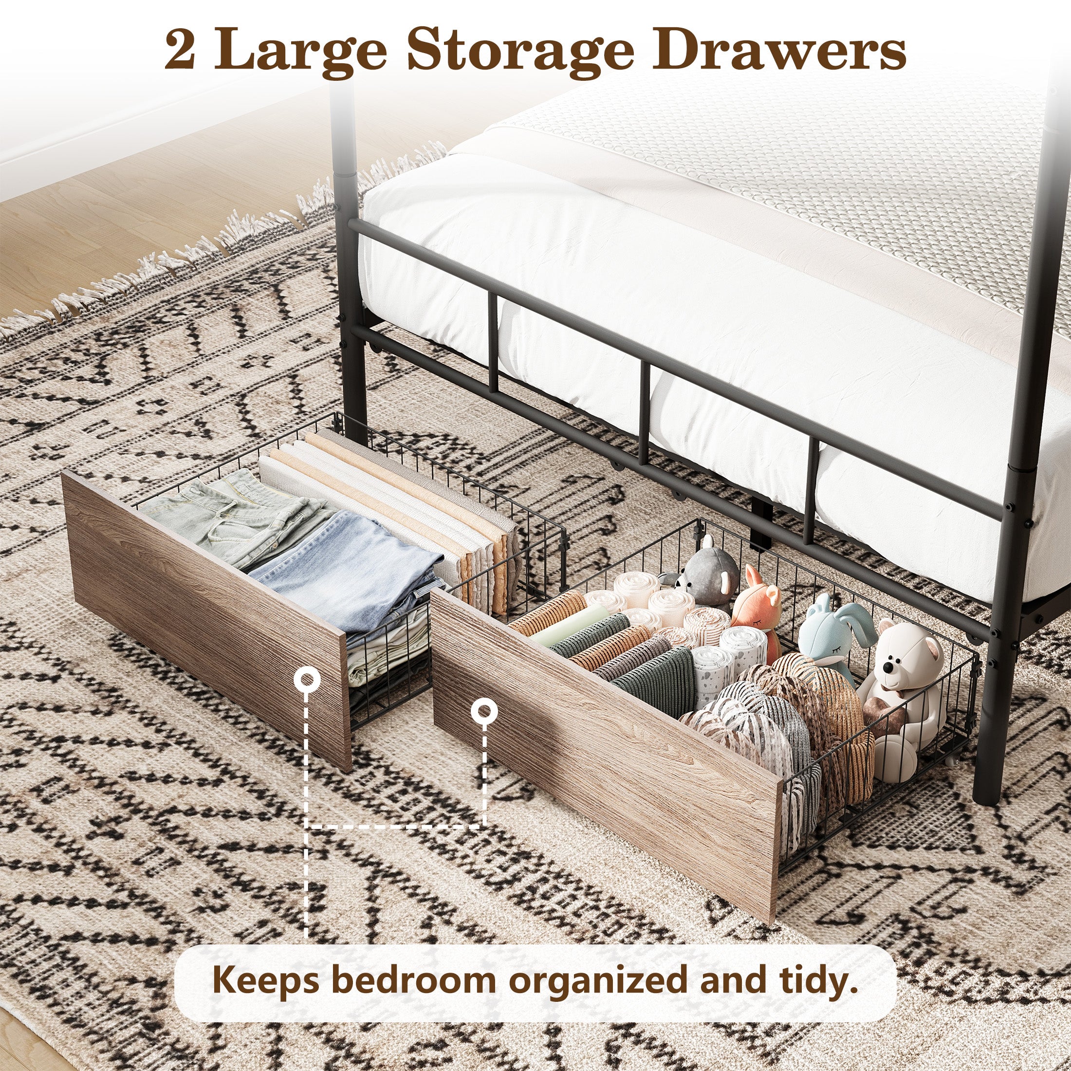 PAPROOS Full Size Canopy Bed Frame, Upholstered Bed Frame with Metal Slats, Metal Platform Bed with 2 Storage Drawers, No Box Spring Needed