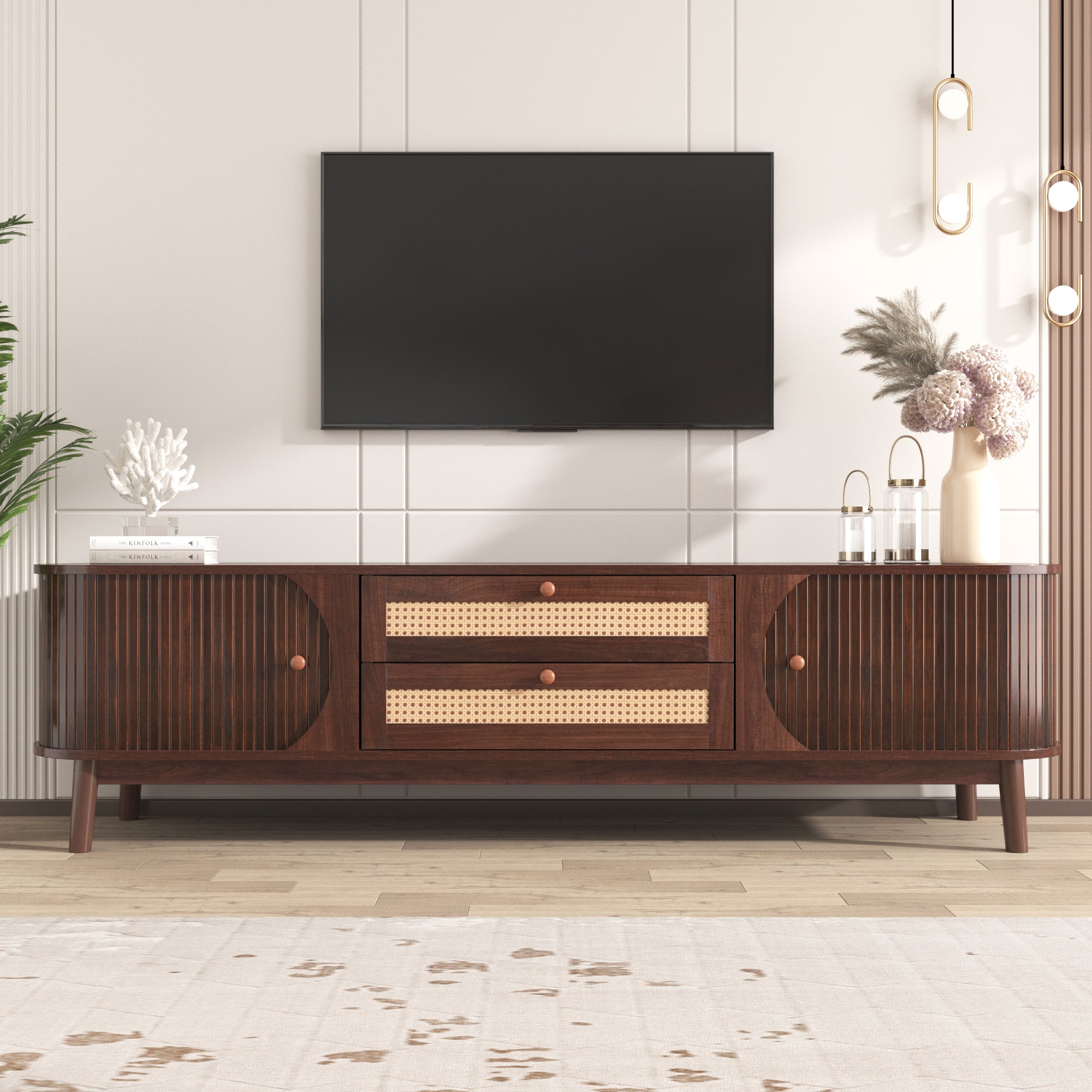PAPROOS TV Stand for 75 Inch TV, Modern Farmhouse TV Cabinet with LED Light, Living Room Media Console Table with 3 Storage Cabinets and 2 Drawers, Entertainment Center for 70-80 Inches TV, Black