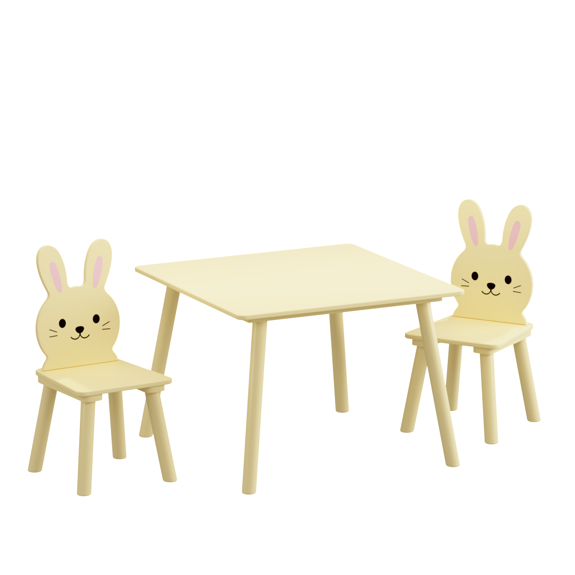 Kids Table and 2 Chairs Se, PAPROOS 3-Piece Wooden Table and Chairs Set for Toddler, Activity Table Play Table Study Table, Cream Yellow Bunny Cute Table Set for Playroom, Classroom
