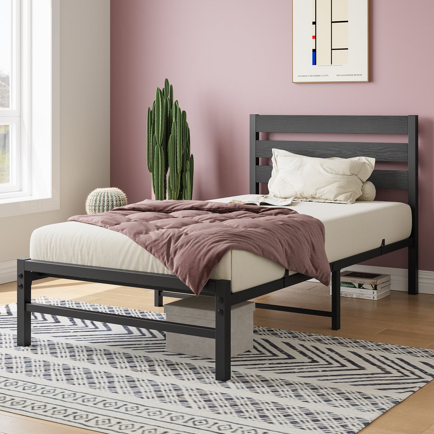 PAPROOS Twin Bed Frame, Metal Twin Platform Bed with wooden Panel Headboard, No Box Spring Needed