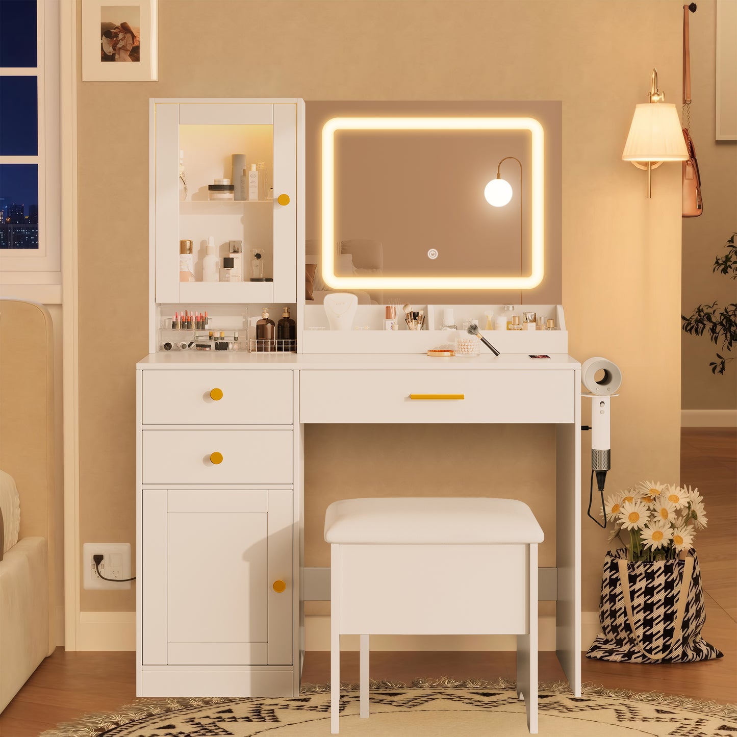 Vanity Desk with Mirror and LED Light, PAPROOS Makeup Vanity with Cabinet and 3 Drawers, Makeup Table with Anti-tipping Function, Upholstered Stool with storage, Shelves with Door, White