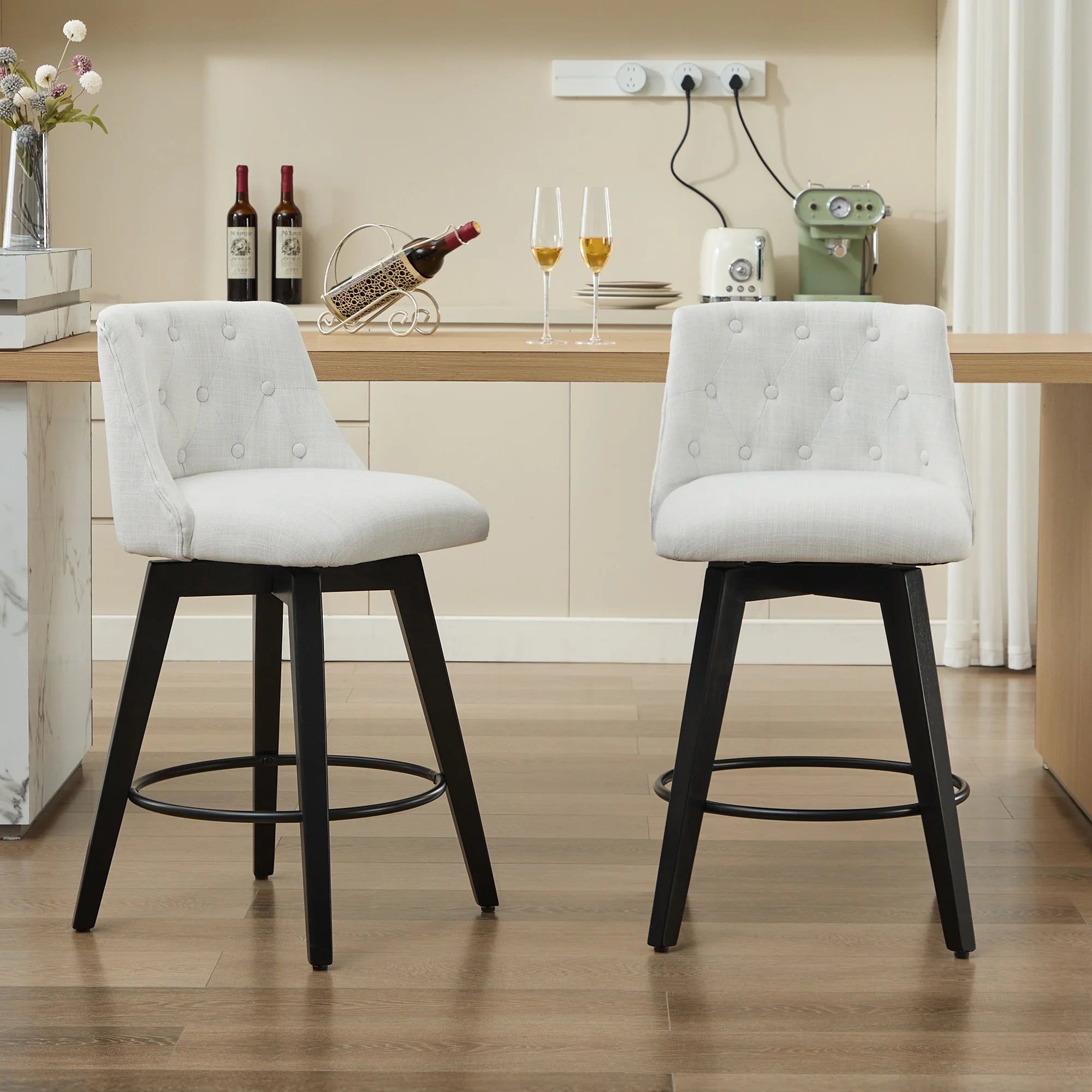 PAPROOS Swivel Bar Stools Set of 2, Modern Counter Height Stools with Linen Upholstery, Kitchen Barstools with Solid Wood Frame for Kitchen Island, White