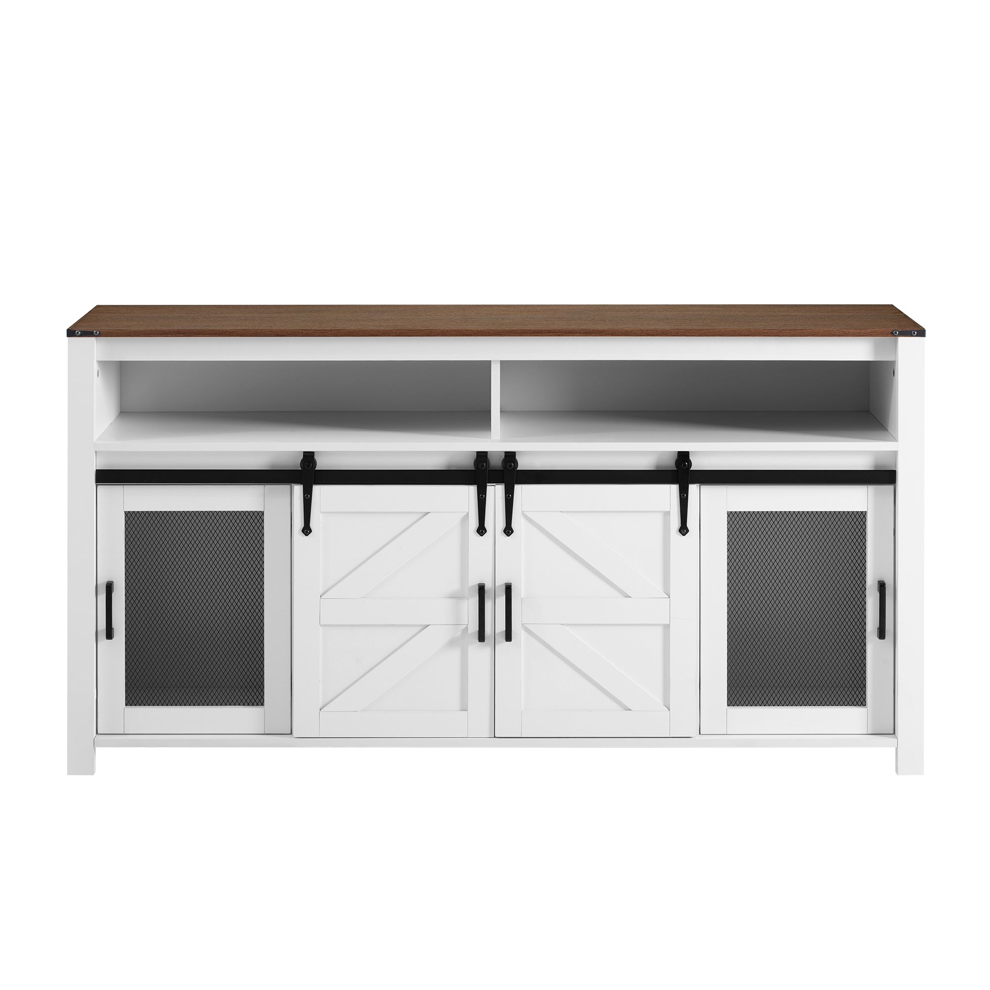 Paproos Sideboard Buffet Cabinet, Wood Buffet Cabinet with Open Storage, Farmhouse Kitchen Storage Cupboard with Sliding Barn Door and Mesh Panels for Living Room, Hallway, Dining Room, White