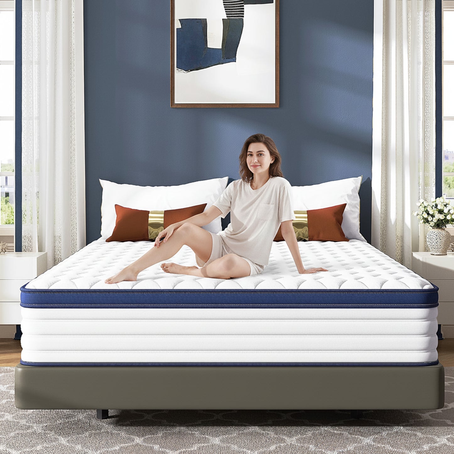 Twin Mattress, PAPROOS 12" Memory Foam Hybrid Mattress in a Box, Cool Individual Pocket Spring Mattress with Breathable Knitted Fabric Cover, Twin Size Medium Firm Mattress, CertiPUR-US, White/Blue