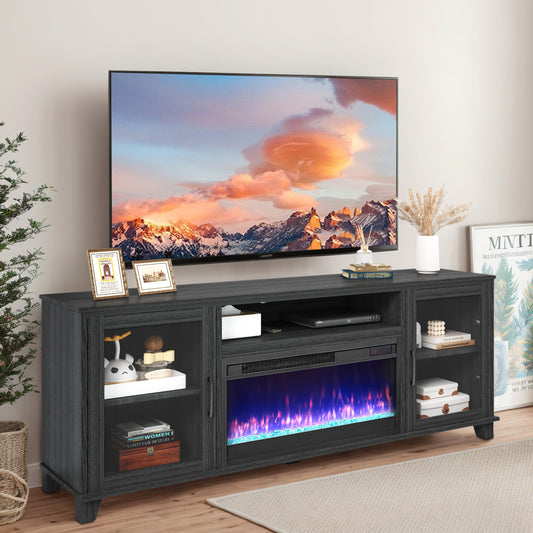 SYNGAR Electric Fireplace TV Stand for 60" TV, Modern Entertainment Center With 23" Fireplace, TV Console with Storage Shelves and Glass Doors, Media Console, TV Cabinet, Dark Gray