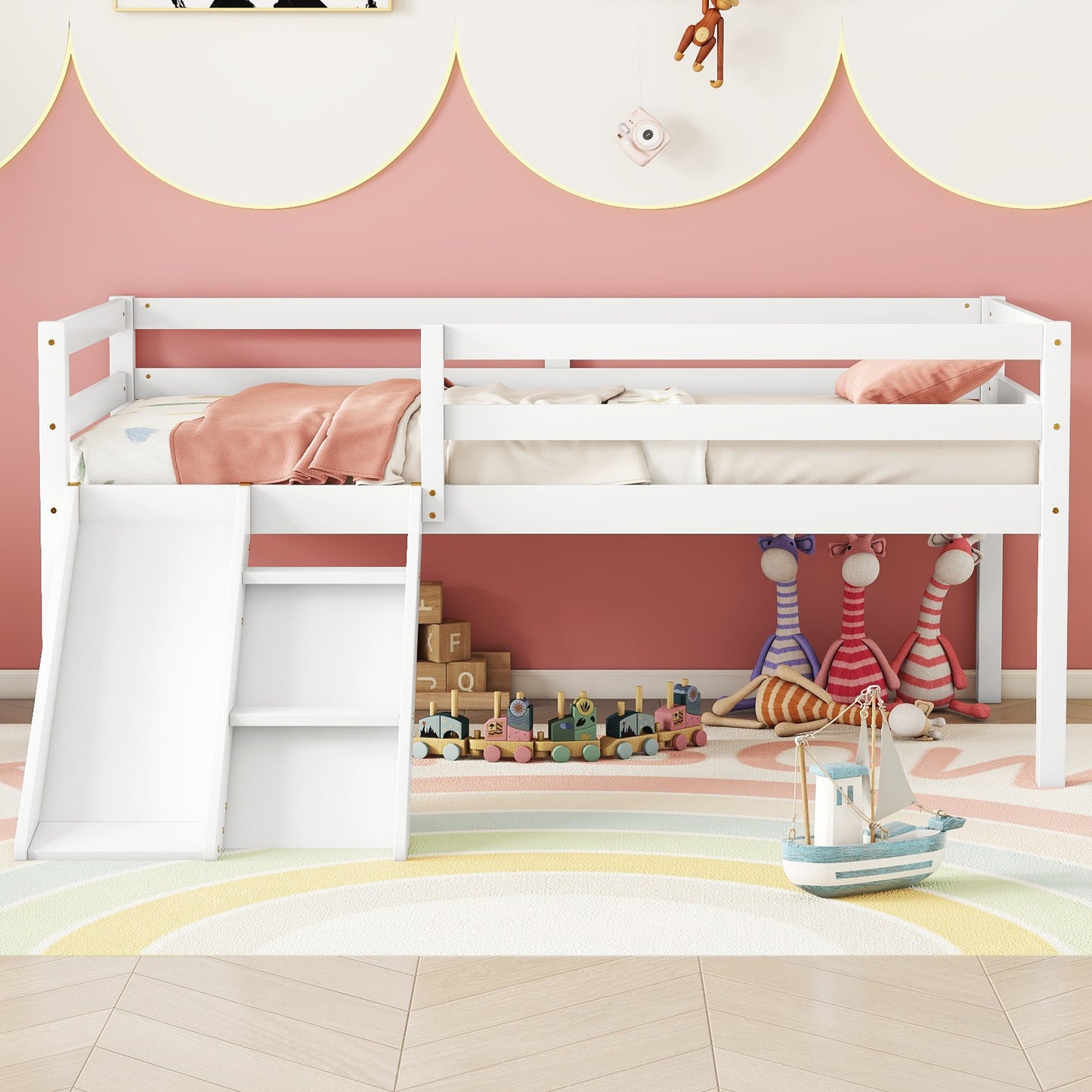 PAPROOS Loft Bed, Twin Size Loft Bed Frame with Slide and Ladder