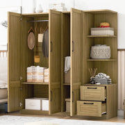 6 Door Armoire Wardrobe Closet, 67'' Large Wardrobe Armoire with 2 Drawers & Shelves, Farmhouse Wooden Armoire Storage with Hanging Rod for Bedroom, Natural