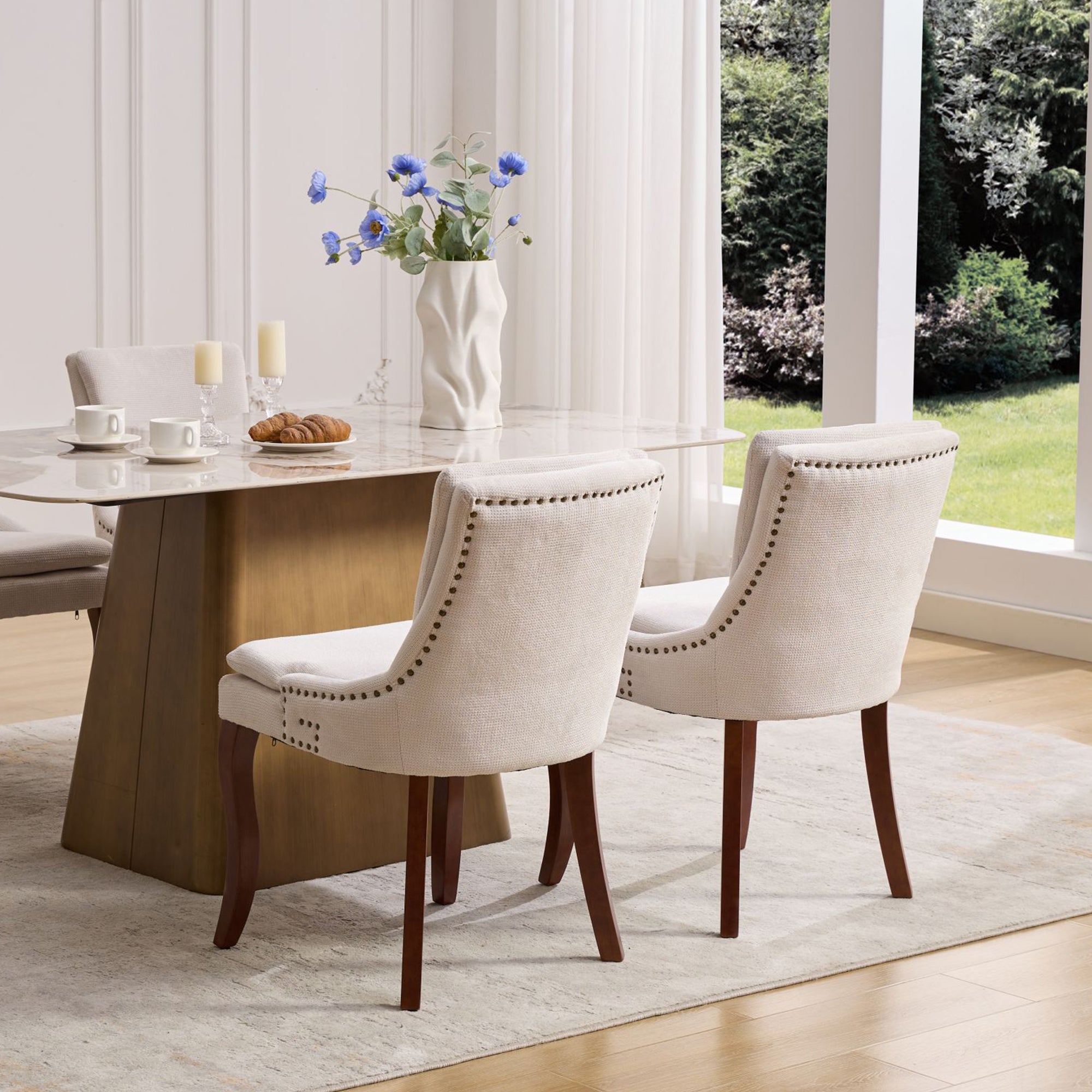 Dining Chairs Set of 2, Paproos Chenille Upholstered Dining Chairs, Modern Accent Chair with Nailhead Trim, Side Chair with Backrest and Wooden Curved Legs for Kitchen Dining Living Room