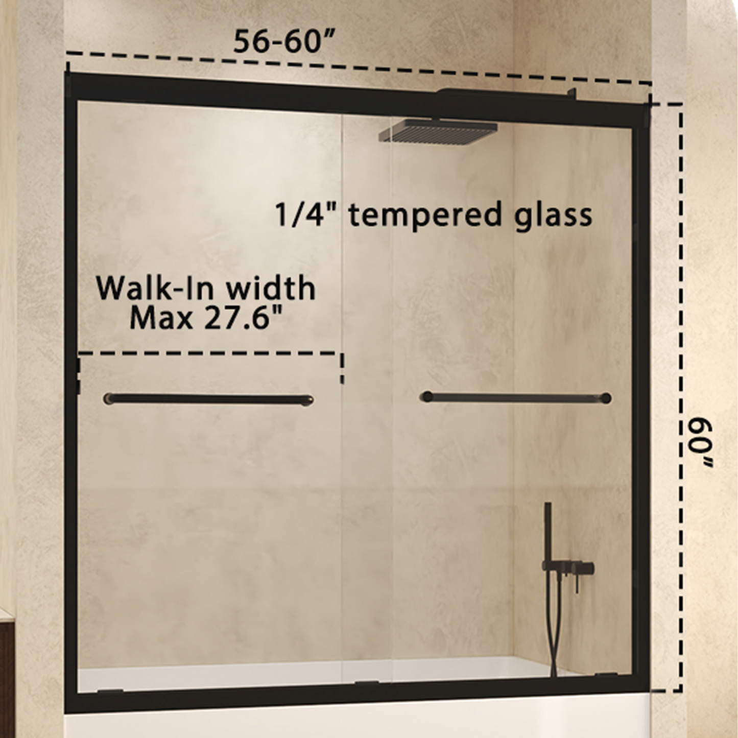 PAPROOS 56"-60" W x 72" H Double Sliding Shower Door, Modern Tub Door with Aluminum Frame, Bathtub Door with 1/4” (6 mm) Clear Tempered Glass, Stainless Steel Handle, SGCC Certified, Matte Black