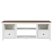 Farmhouse TV Stand for 65 inch TV, LED Entertainment Center Allows for 23in Electric Fireplace, TV Media Console Entertainment Center with Lights, 2 Drawers and Open Shelves, White