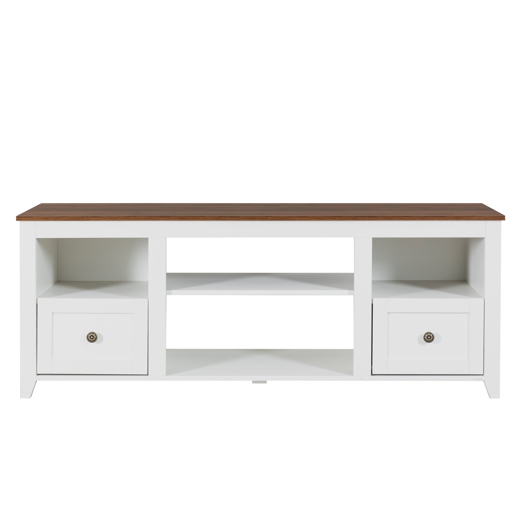 Farmhouse TV Stand for 65 inch TV, LED Entertainment Center Allows for 23in Electric Fireplace, TV Media Console Entertainment Center with Lights, 2 Drawers and Open Shelves, White