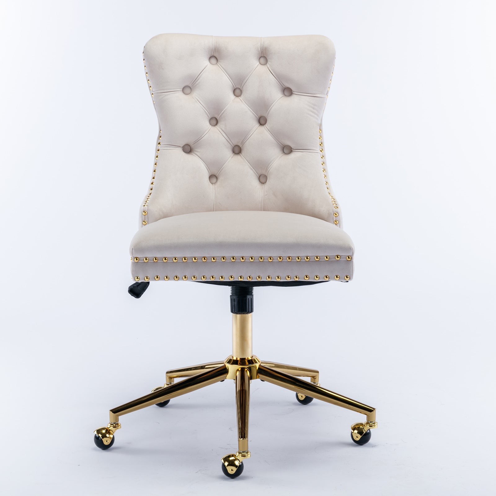 PAPROOS Vanity Chair, Swivel Home Office Chair, Ergonomic Home Desk Chair with Golden Metal Base, Adjustable Height, Velvet Upholstered Tufted Button Task Chair, Beige