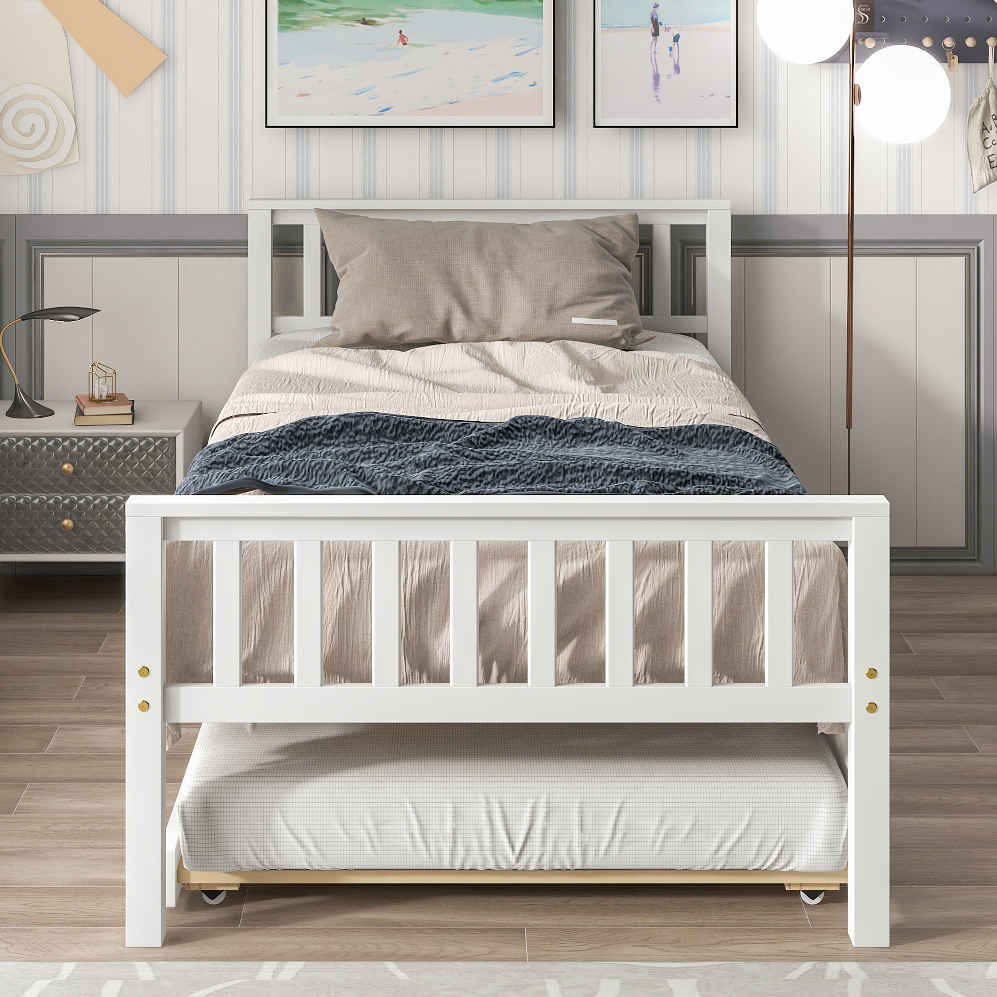 Paproos Twin Size Wood Platform Bed with Trundle, LJC